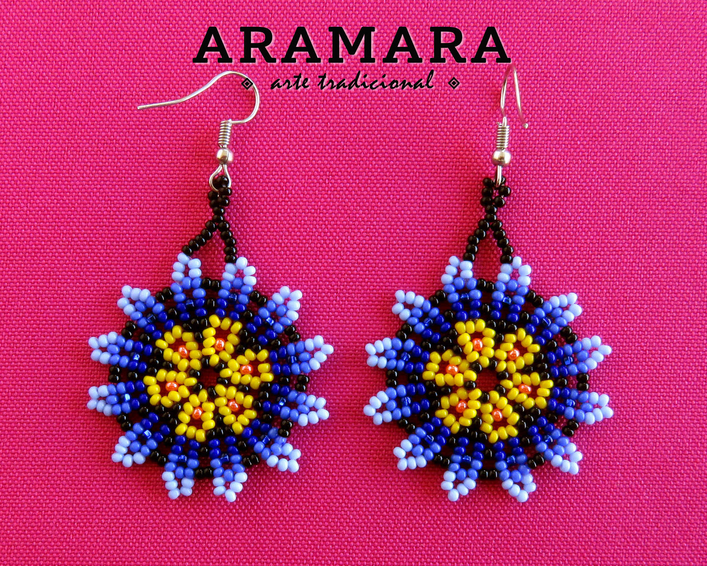 Blue and Yellow Huichol Beaded Flower Earrings | AF-0896