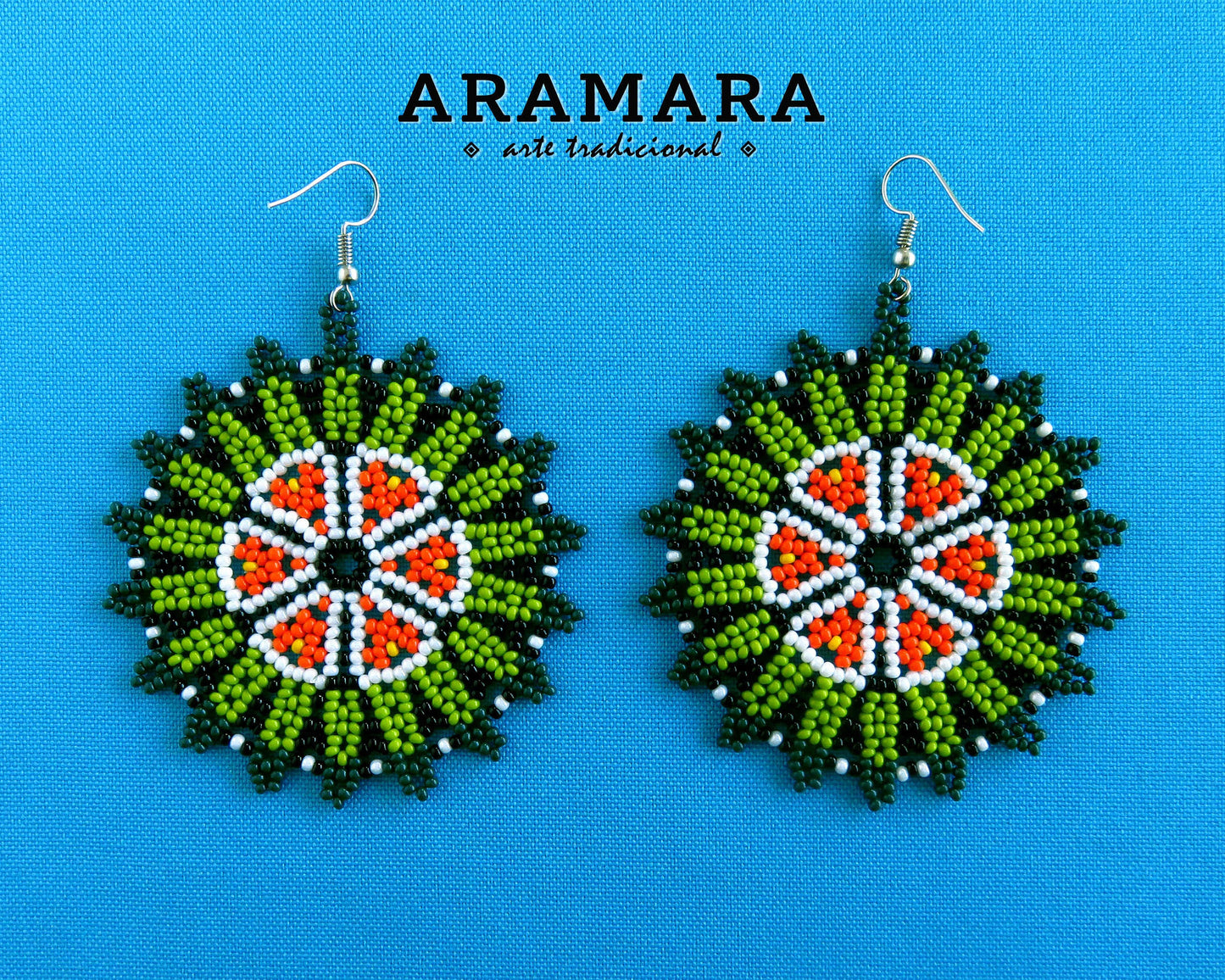 Native american earrings, Mexican earrings, Mexican folk art, Flower Earrings, Mexican Jewelry, Huichol Earrings, Beaded Flower, AF-0898
