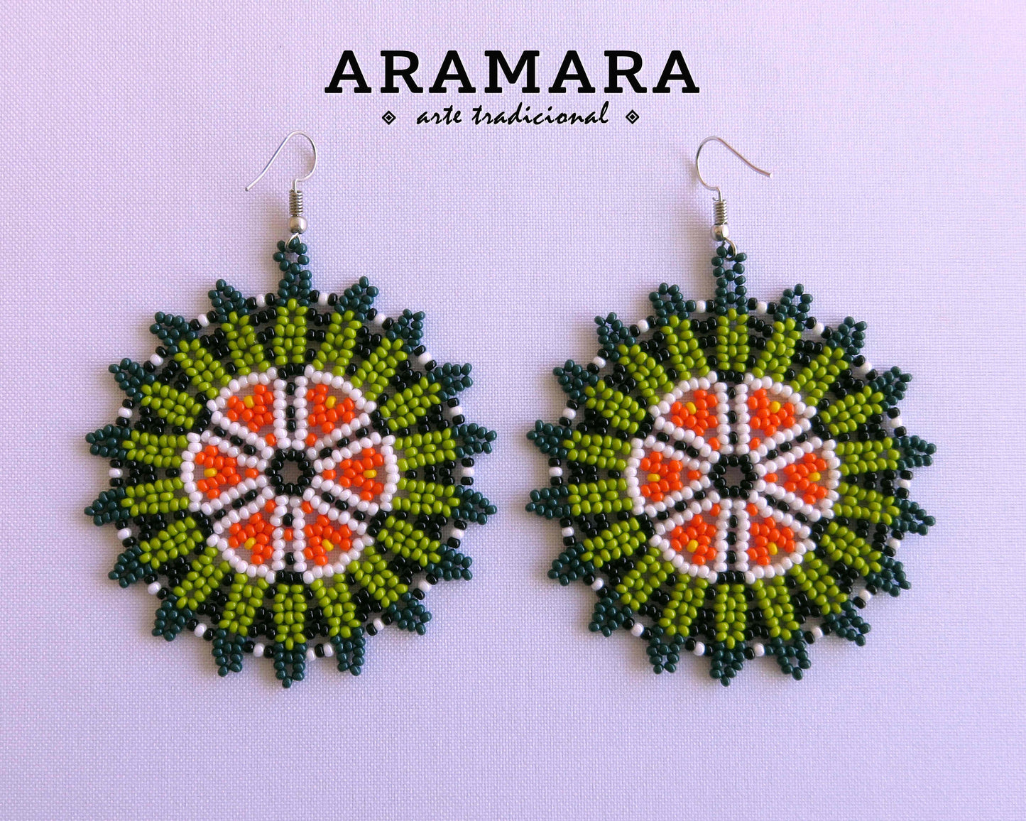 Native american earrings, Mexican earrings, Mexican folk art, Flower Earrings, Mexican Jewelry, Huichol Earrings, Beaded Flower, AF-0898