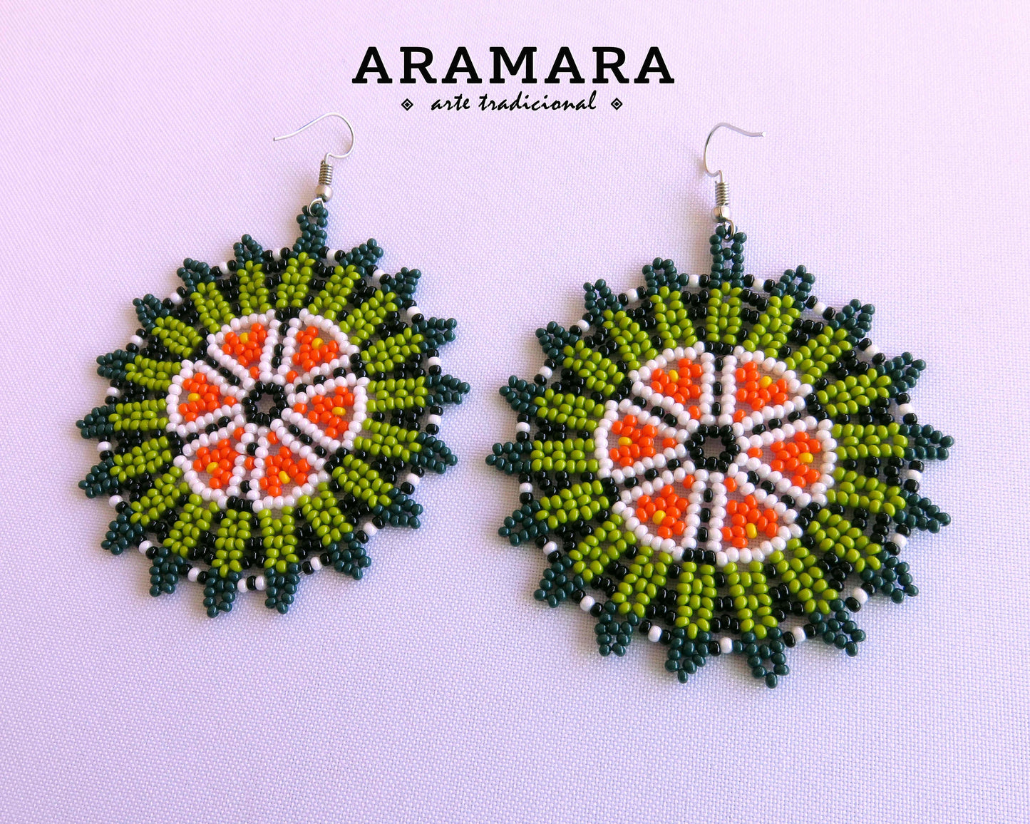 Native american earrings, Mexican earrings, Mexican folk art, Flower Earrings, Mexican Jewelry, Huichol Earrings, Beaded Flower, AF-0898