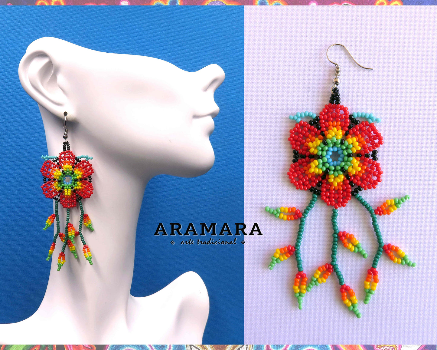 Red Huichol Beaded Flower Earrings | AF-0883