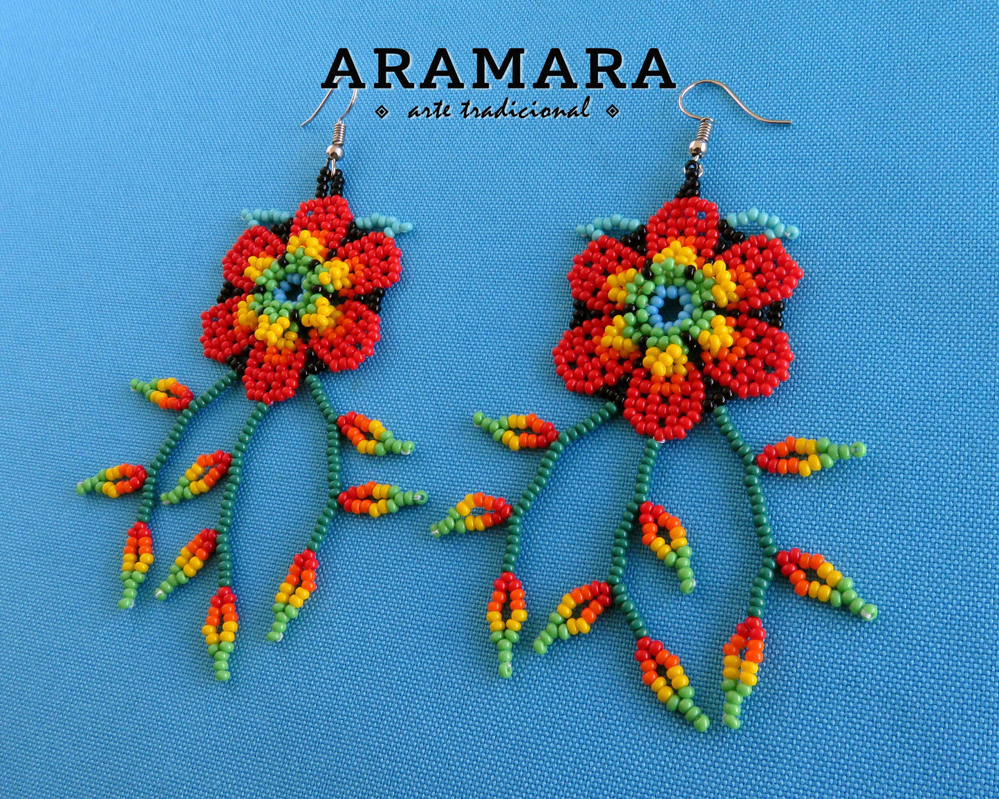 Red Huichol Beaded Flower Earrings | AF-0883
