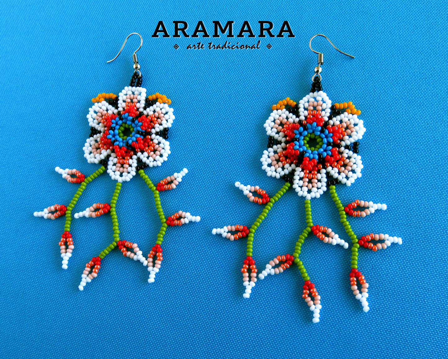 White and Red Huichol Beaded Flower Earrings | AF-0900