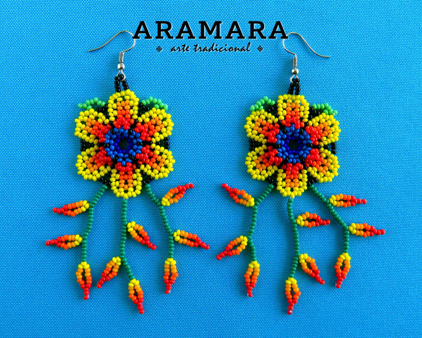 Yellow Huichol Beaded Flower Earrings | AF-0901