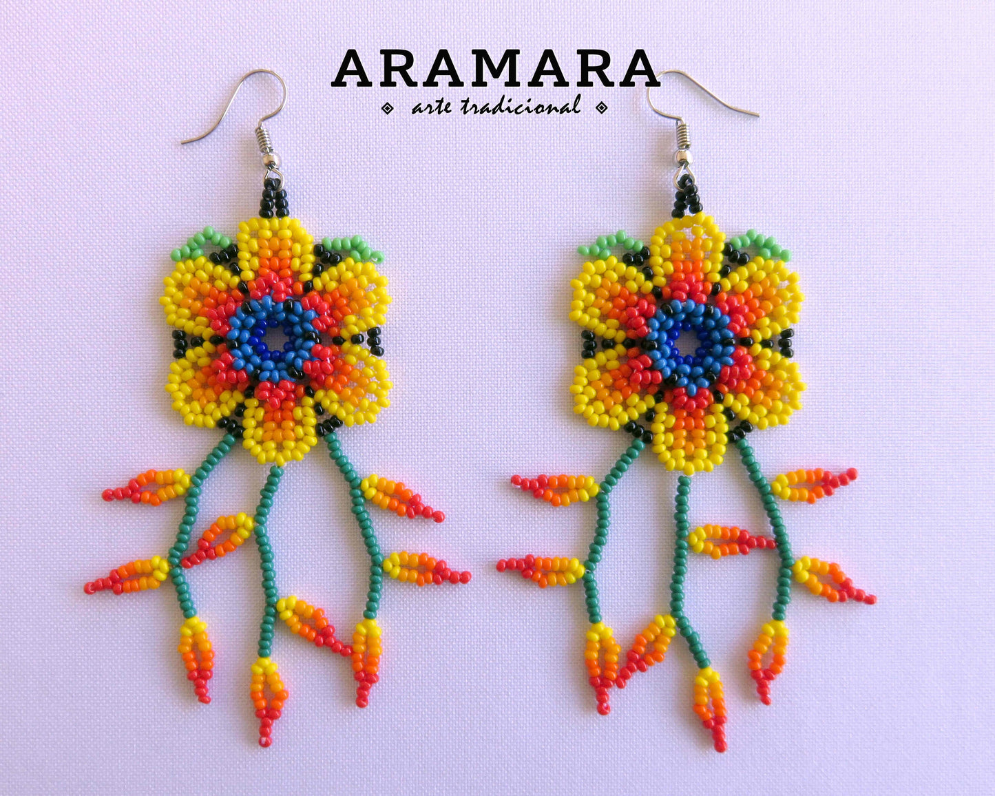 Yellow Huichol Beaded Flower Earrings | AF-0901
