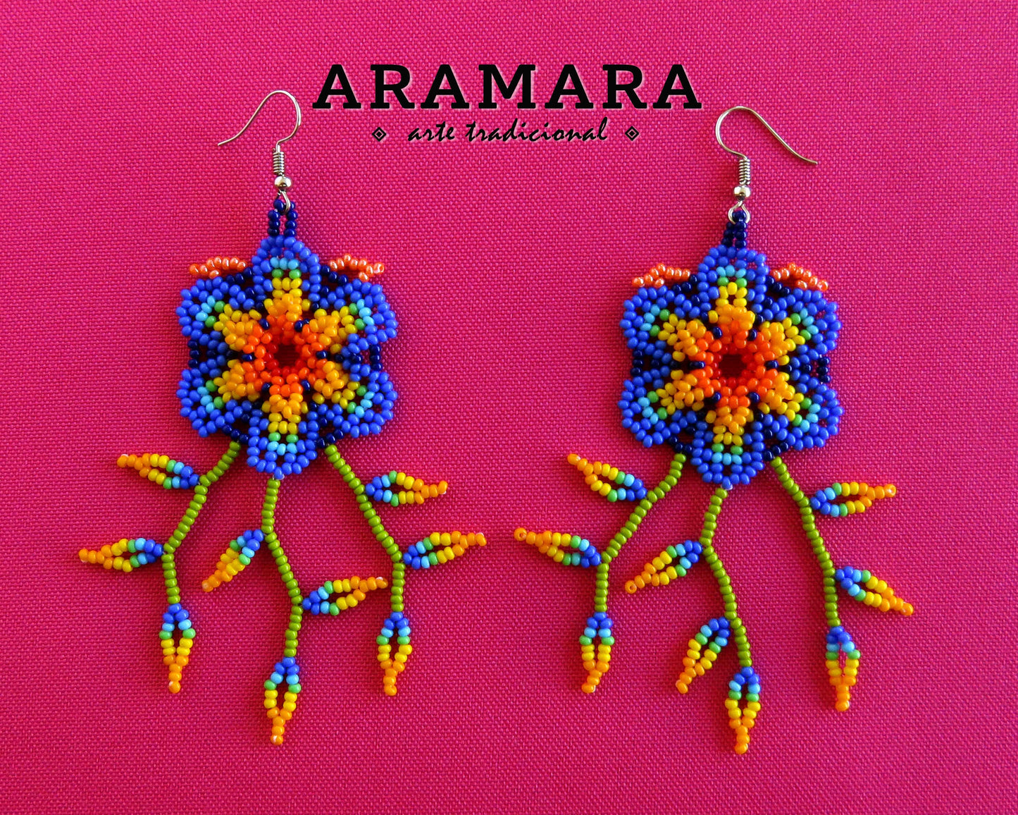 Blue and Yellow Huichol Beaded Flower Earrings | AF-0902