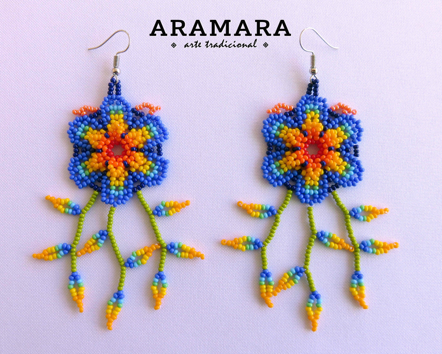 Blue and Yellow Huichol Beaded Flower Earrings | AF-0902