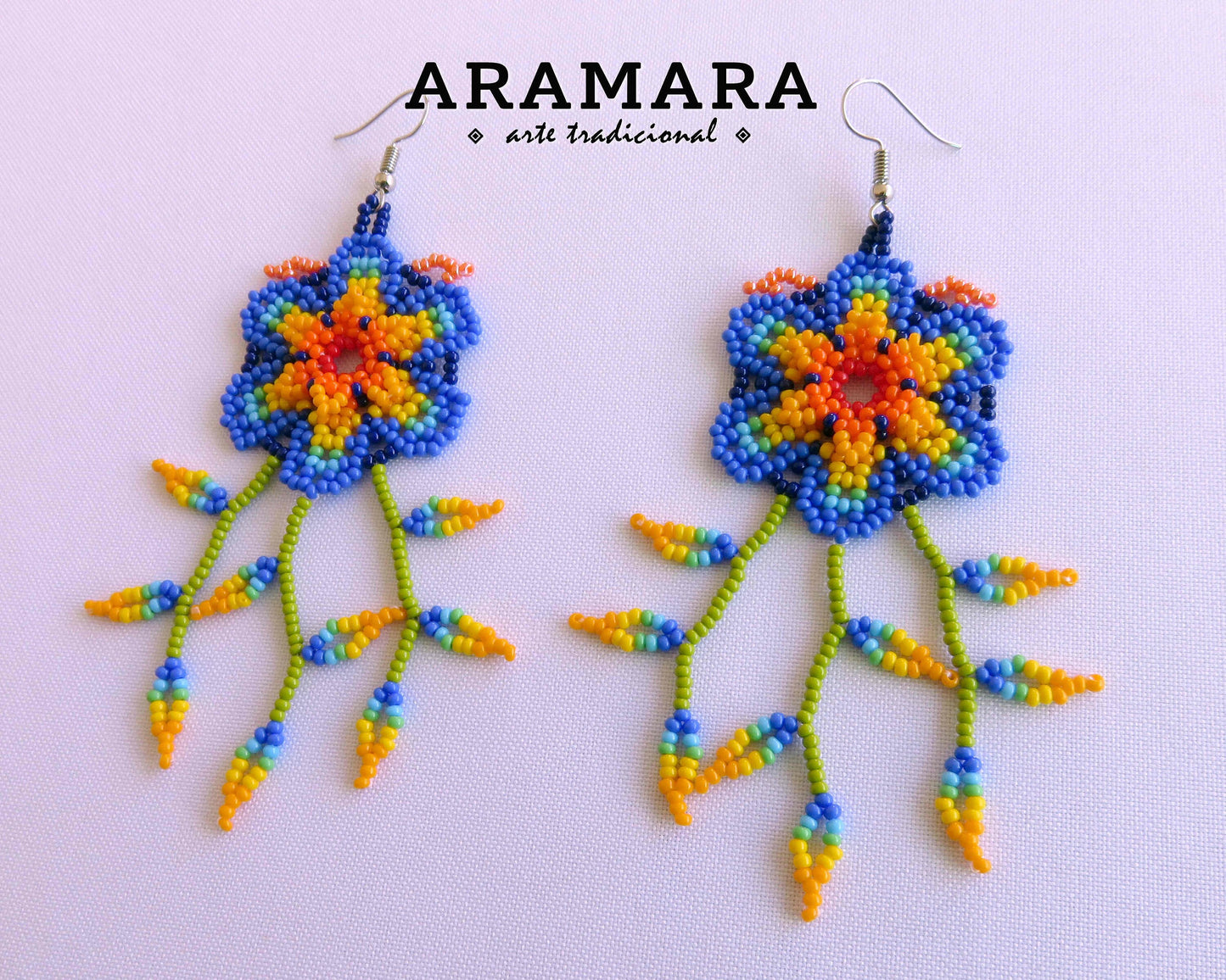 Blue and Yellow Huichol Beaded Flower Earrings | AF-0902