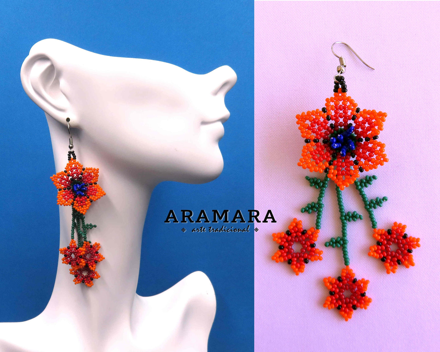 Native american earrings, Huichol Earrings, Mexican Jewelry, Mexican earrings, Mexican folk art, Flower Earrings, Beaded Flower, AF-0904