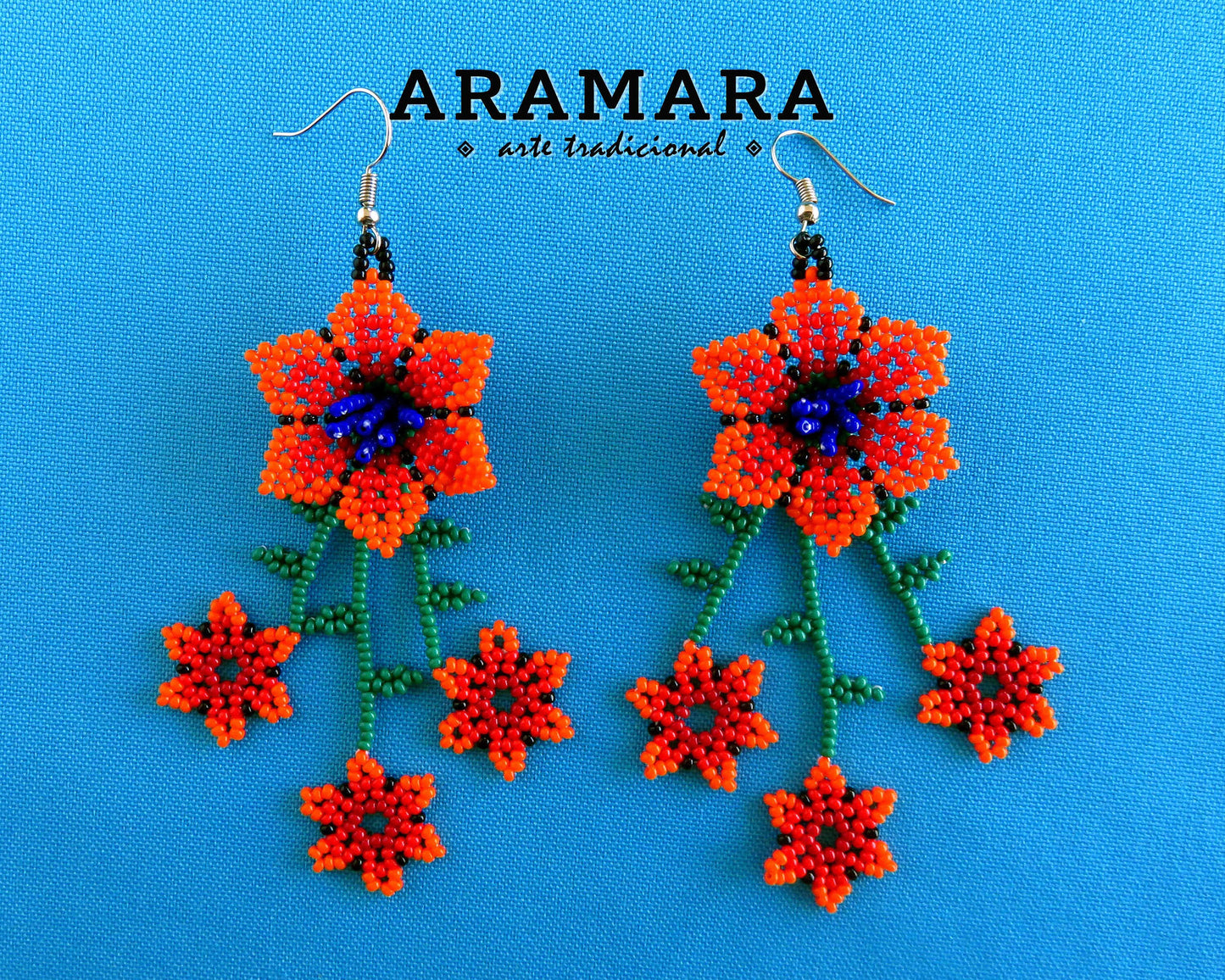 Native american earrings, Huichol Earrings, Mexican Jewelry, Mexican earrings, Mexican folk art, Flower Earrings, Beaded Flower, AF-0904