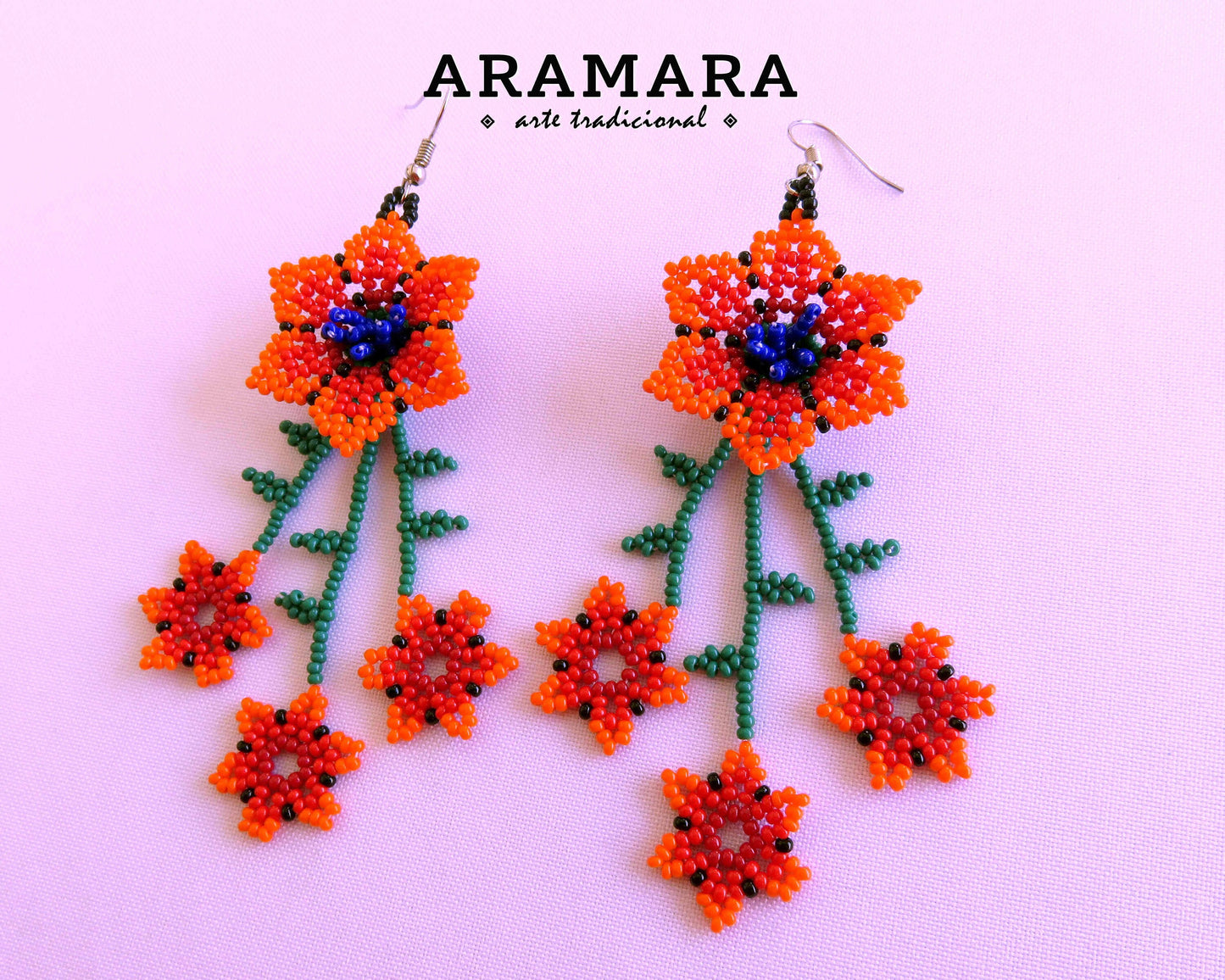 Native american earrings, Huichol Earrings, Mexican Jewelry, Mexican earrings, Mexican folk art, Flower Earrings, Beaded Flower, AF-0904