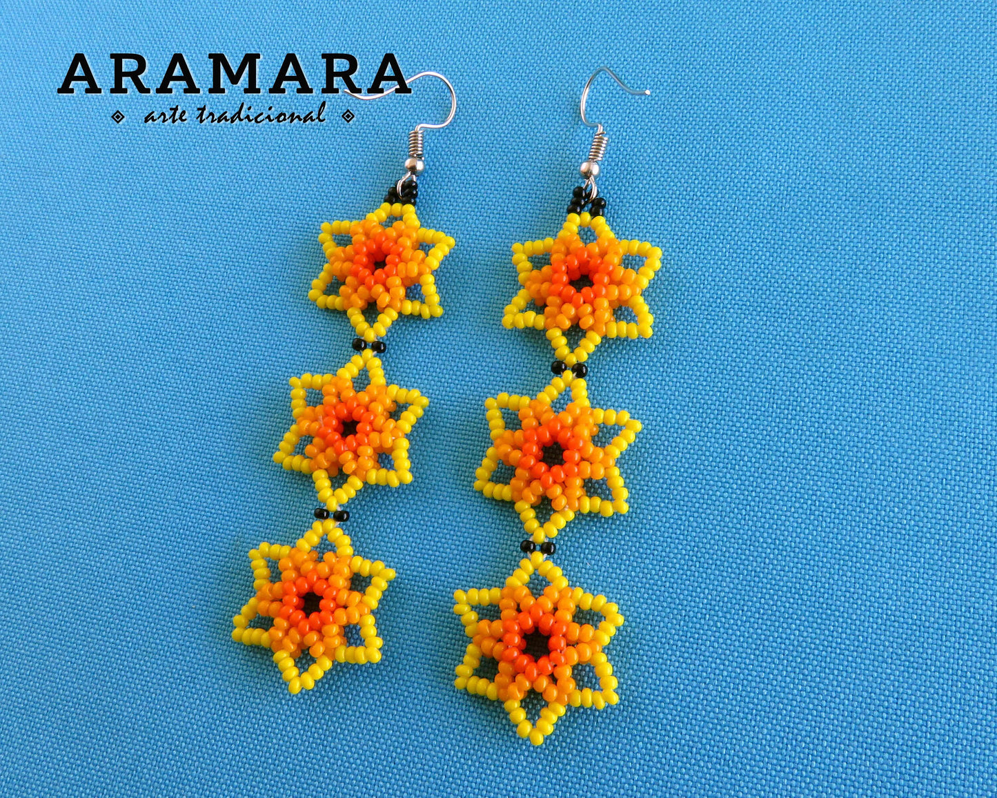 Yellow and Orange Huichol Beaded Flower Earrings | AF-0909