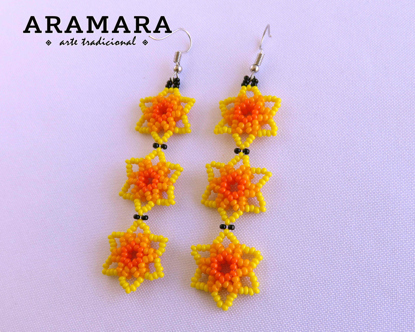 Yellow and Orange Huichol Beaded Flower Earrings | AF-0909
