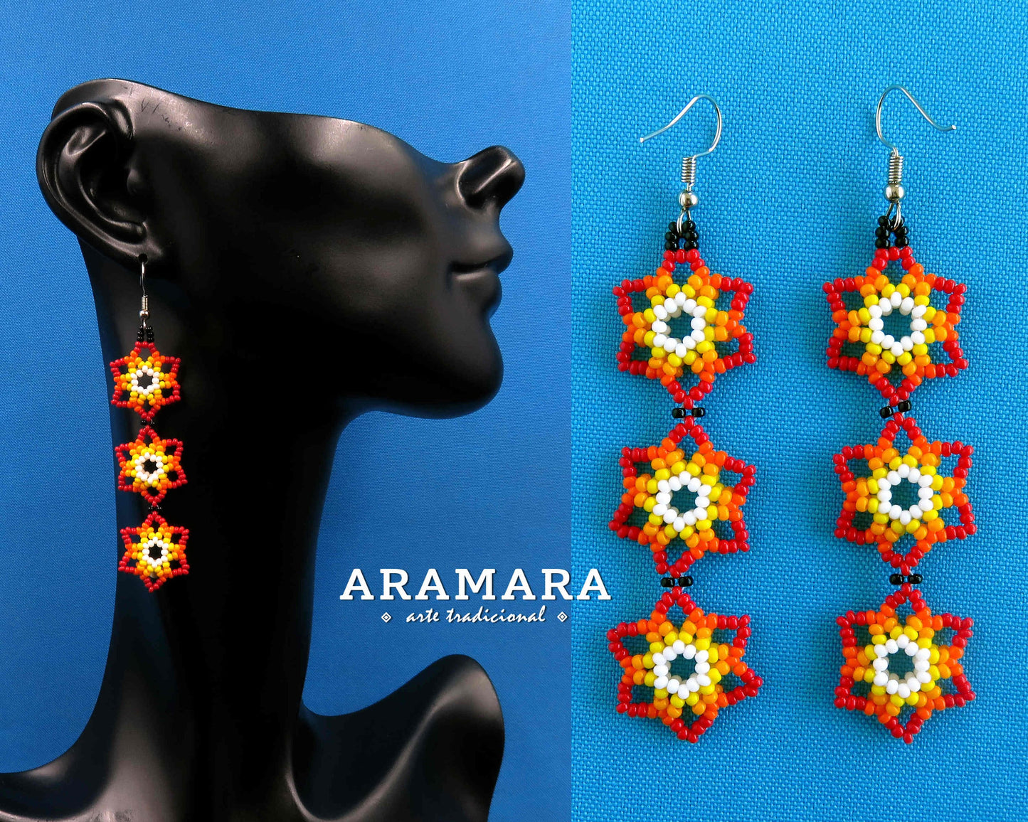 Red and white Huichol Beaded Flower Earrings | AF-0910
