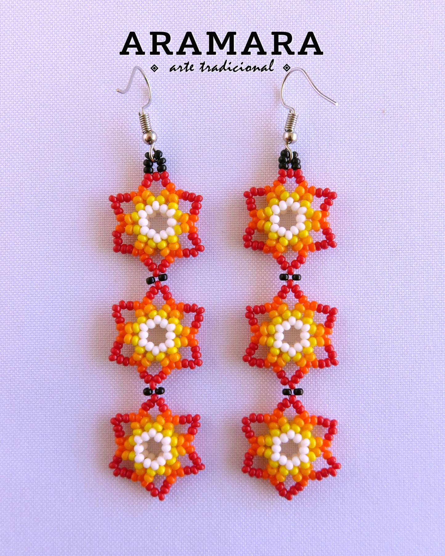 Red and white Huichol Beaded Flower Earrings | AF-0910