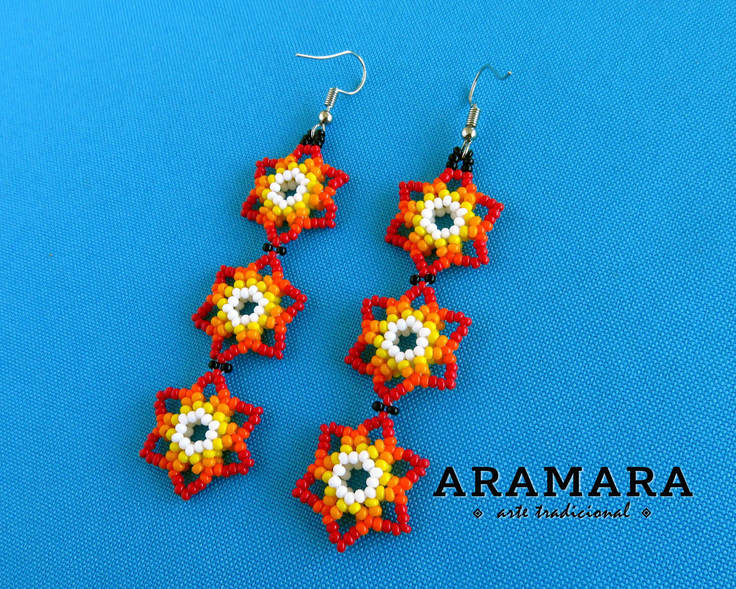 Red and white Huichol Beaded Flower Earrings | AF-0910