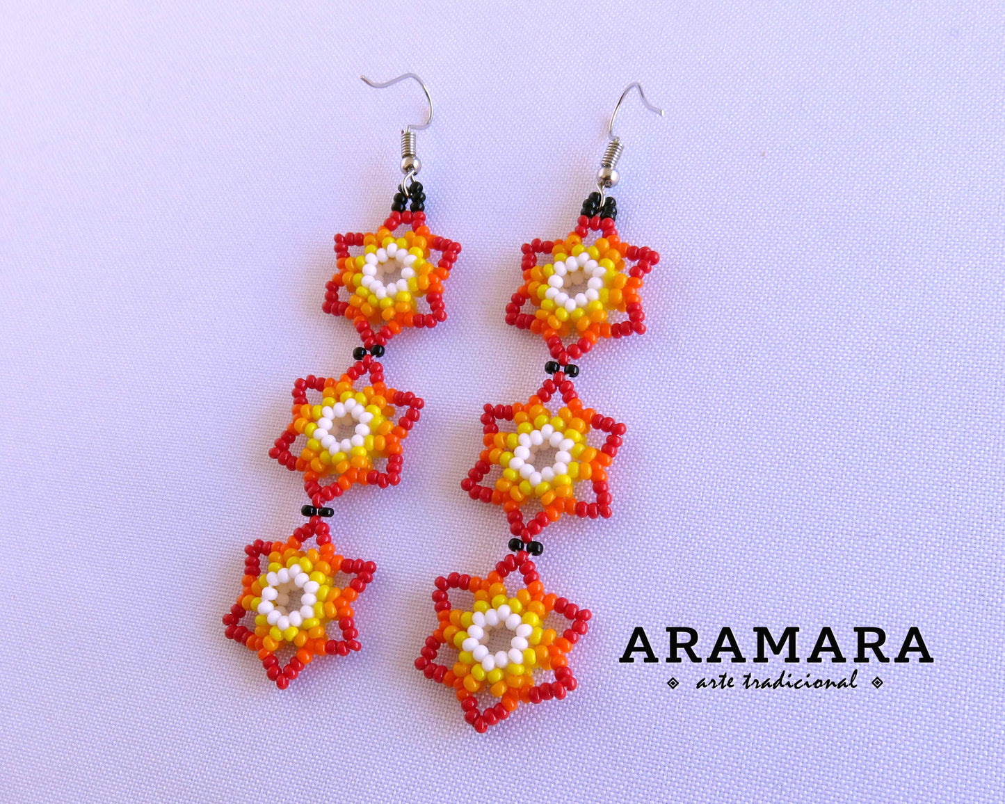 Red and white Huichol Beaded Flower Earrings | AF-0910