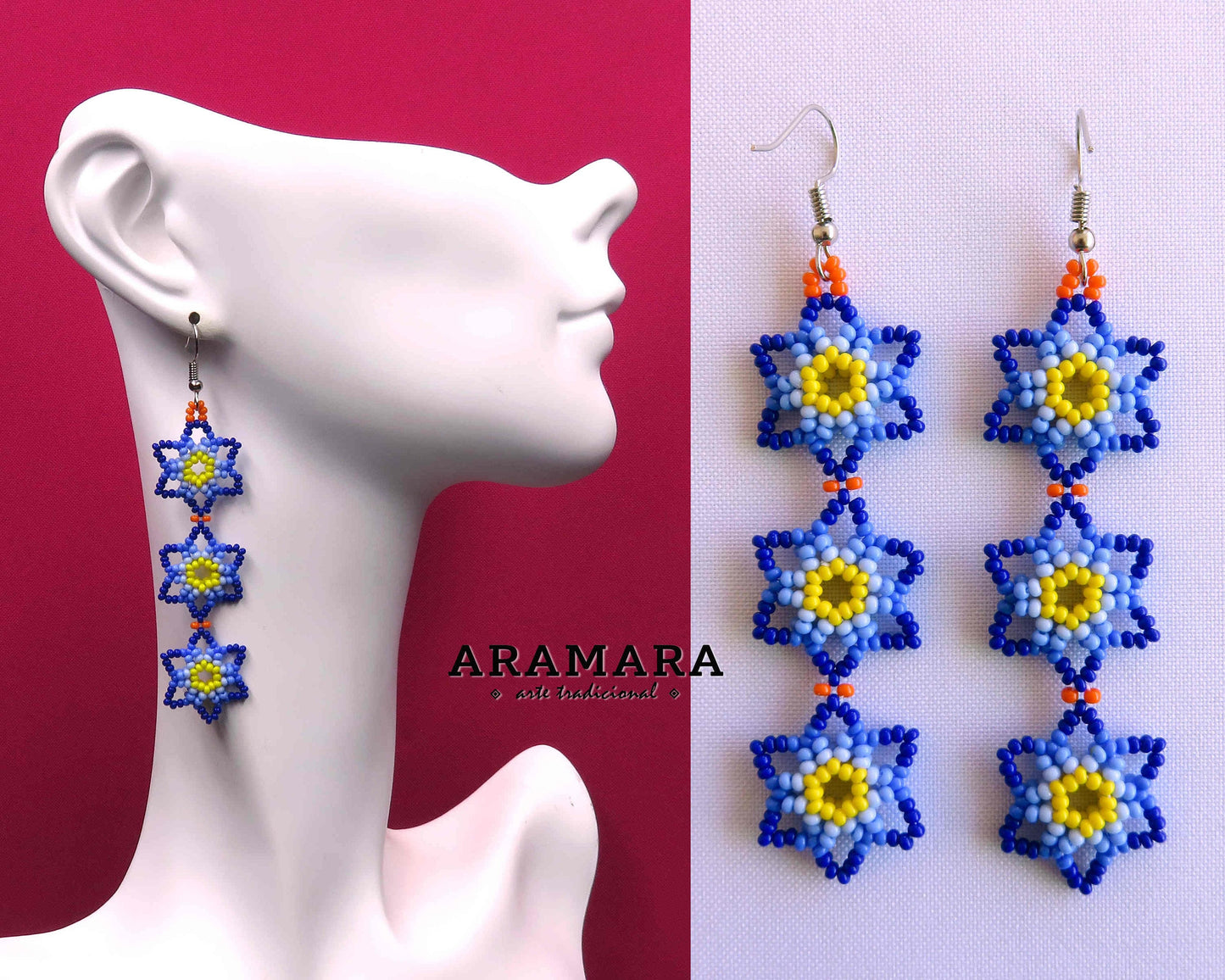 Native american earrings, Mexican Jewelry, Mexican earrings, Beaded Flower, Mexican folk art, Flower Earrings, Huichol Earrings, AF-0911