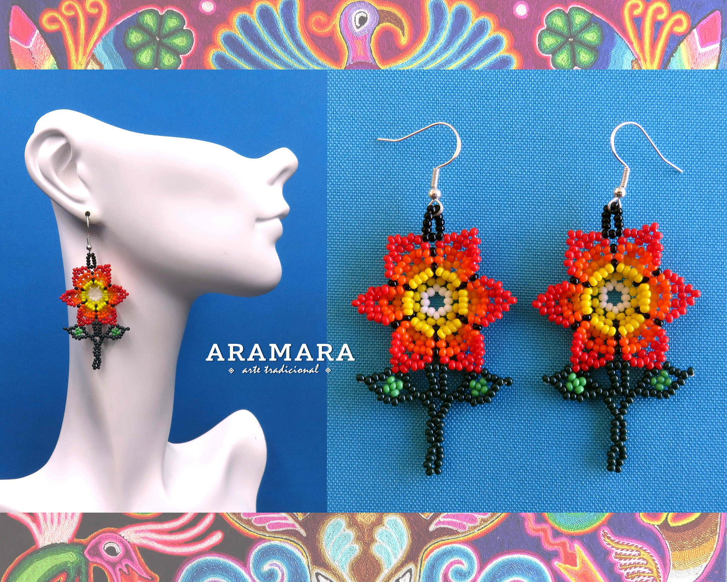Red and yellow Huichol Beaded Flower Earrings | AF-0919