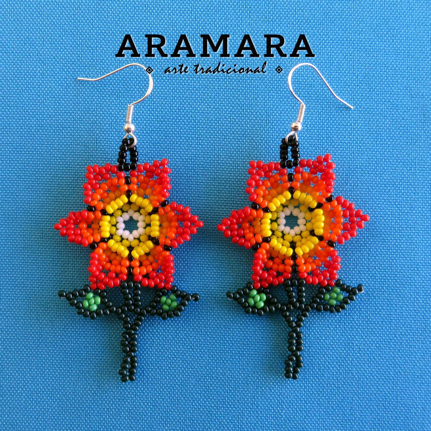 Red and yellow Huichol Beaded Flower Earrings | AF-0919