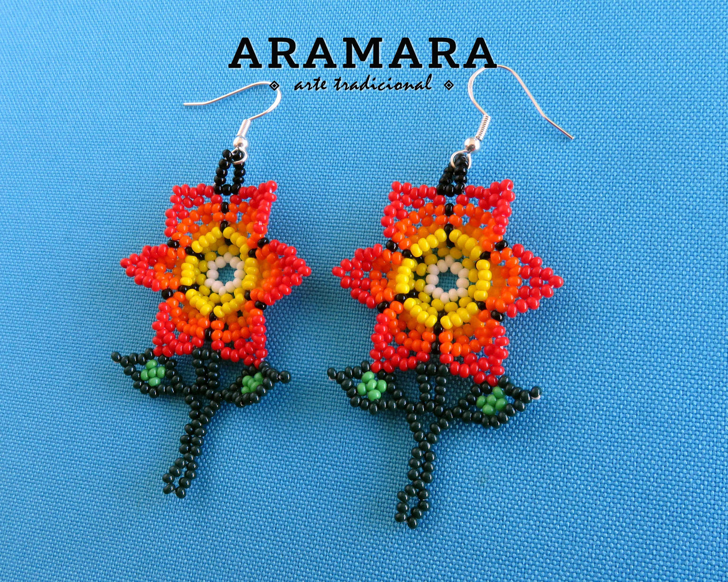 Red and yellow Huichol Beaded Flower Earrings | AF-0919