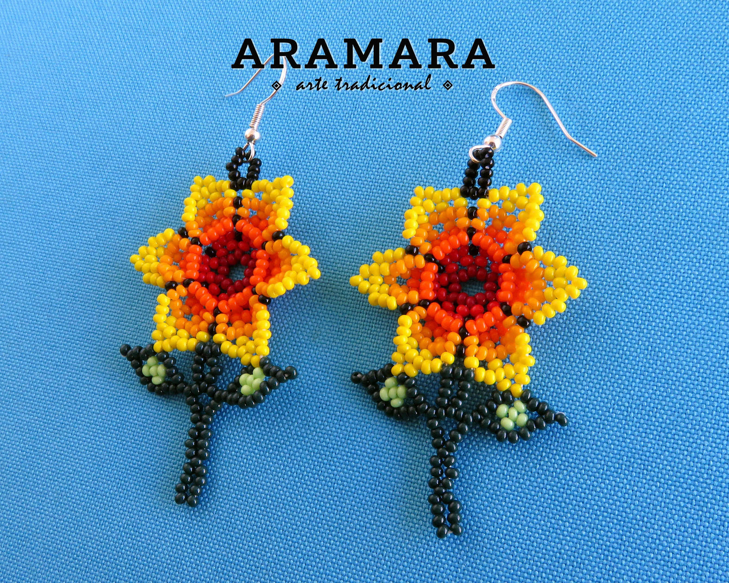 Mexican Jewelry, Mexican folk art, Huichol Earrings, Flower Earrings, Mexican earrings, Native american earrings, Beaded Flower, AF-0920