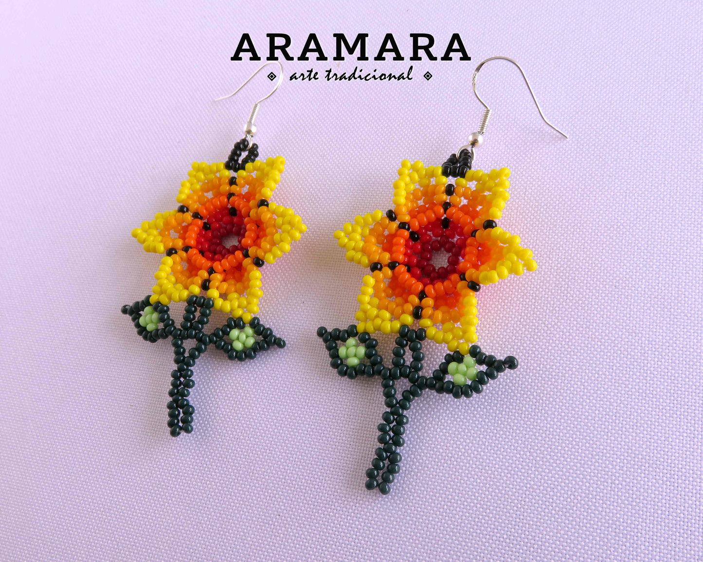 Mexican Jewelry, Mexican folk art, Huichol Earrings, Flower Earrings, Mexican earrings, Native american earrings, Beaded Flower, AF-0920