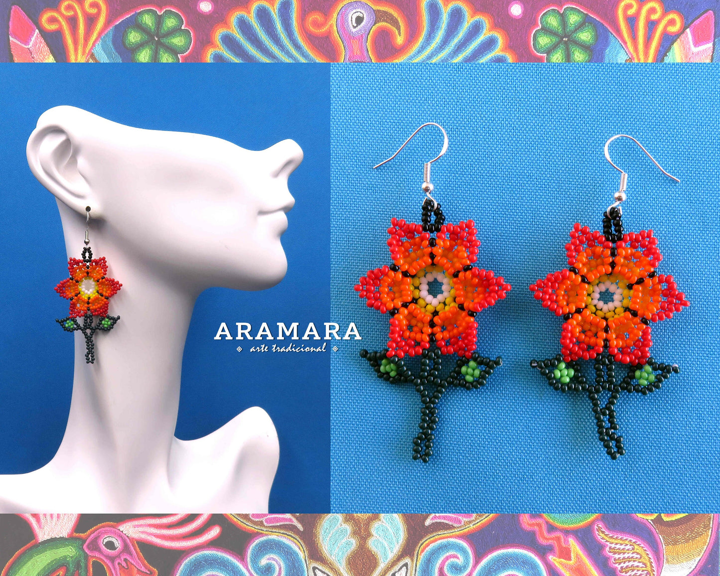 Red Huichol Beaded Flower Earrings | AF-0921