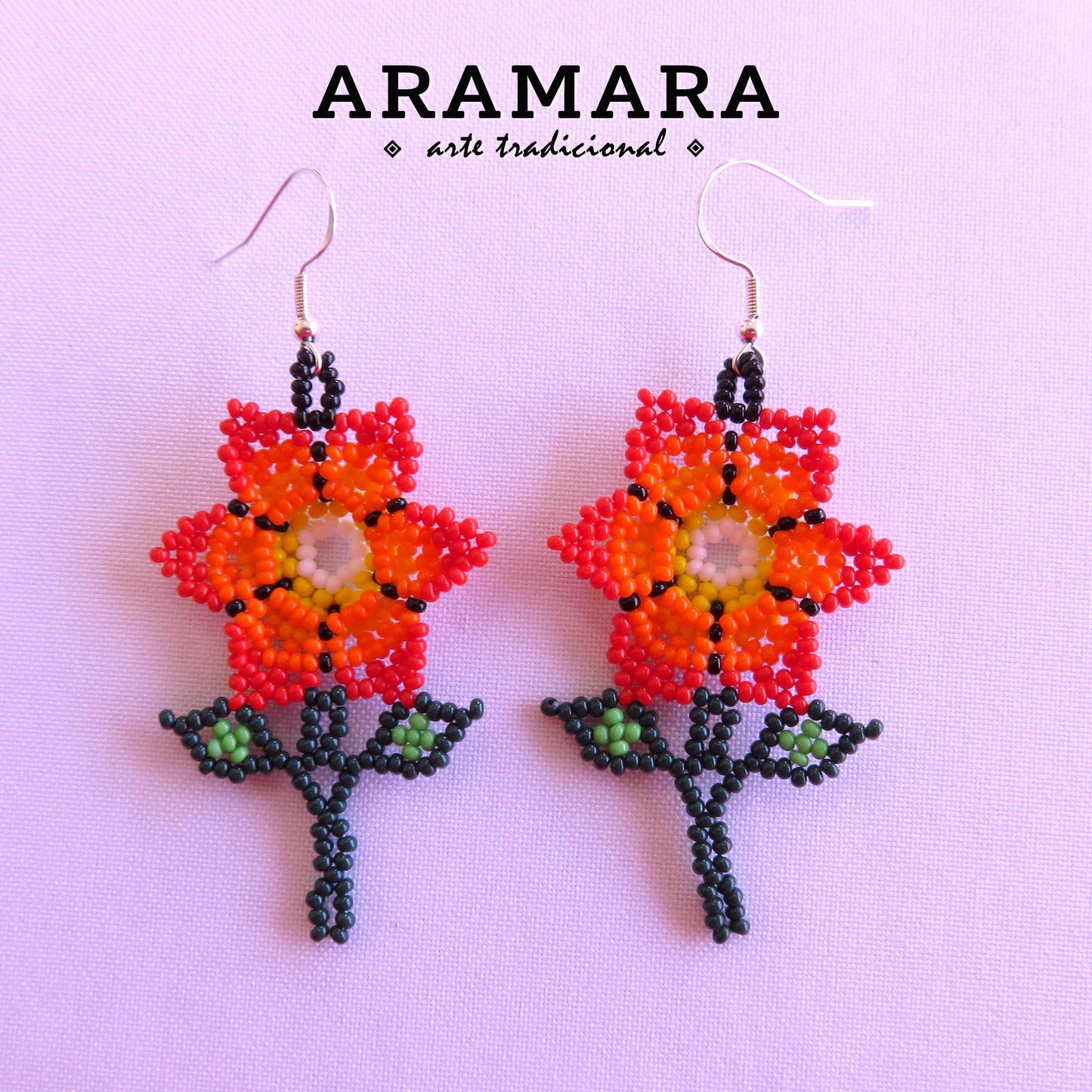 Red Huichol Beaded Flower Earrings | AF-0921