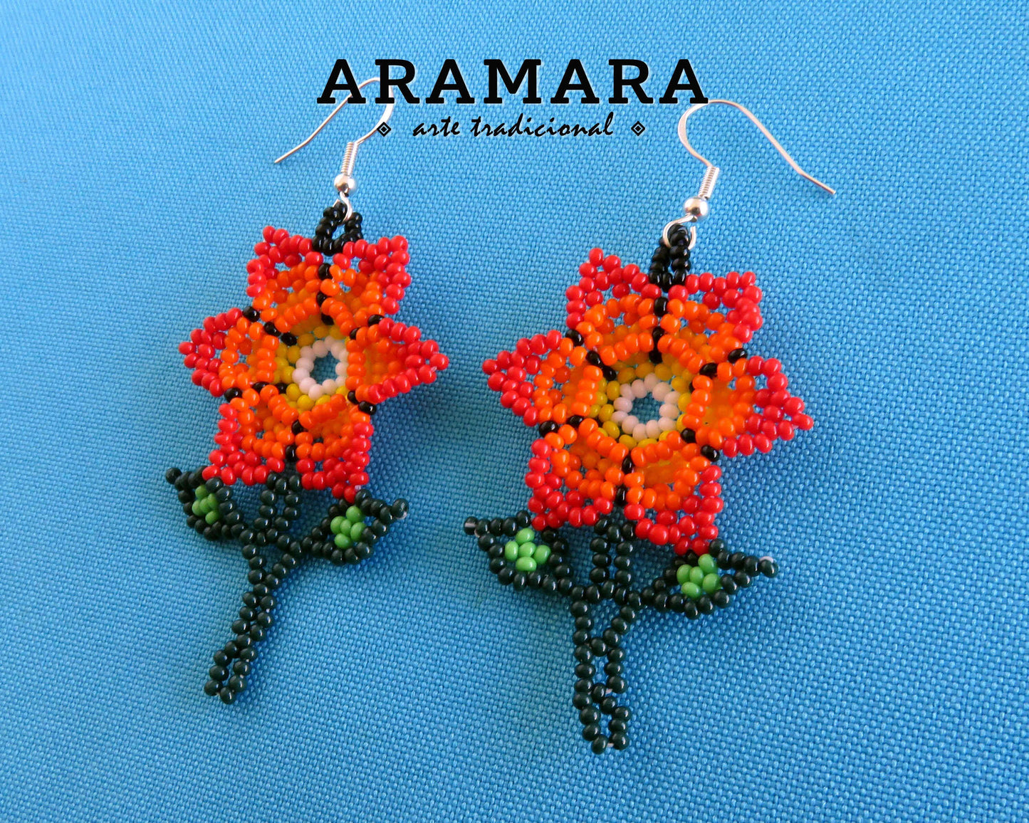 Red Huichol Beaded Flower Earrings | AF-0921
