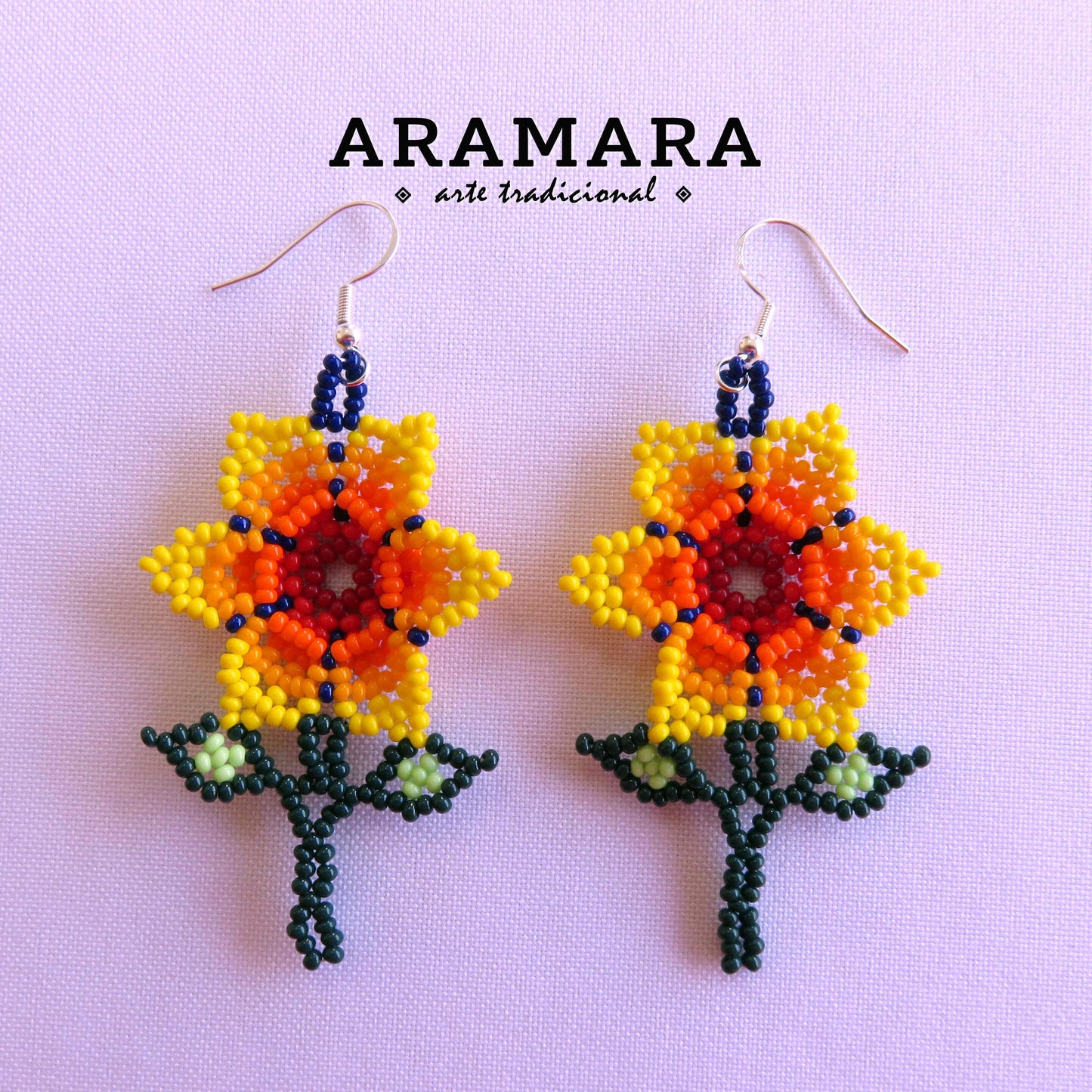 Yellow Huichol Beaded Flower Earrings | AF-0922
