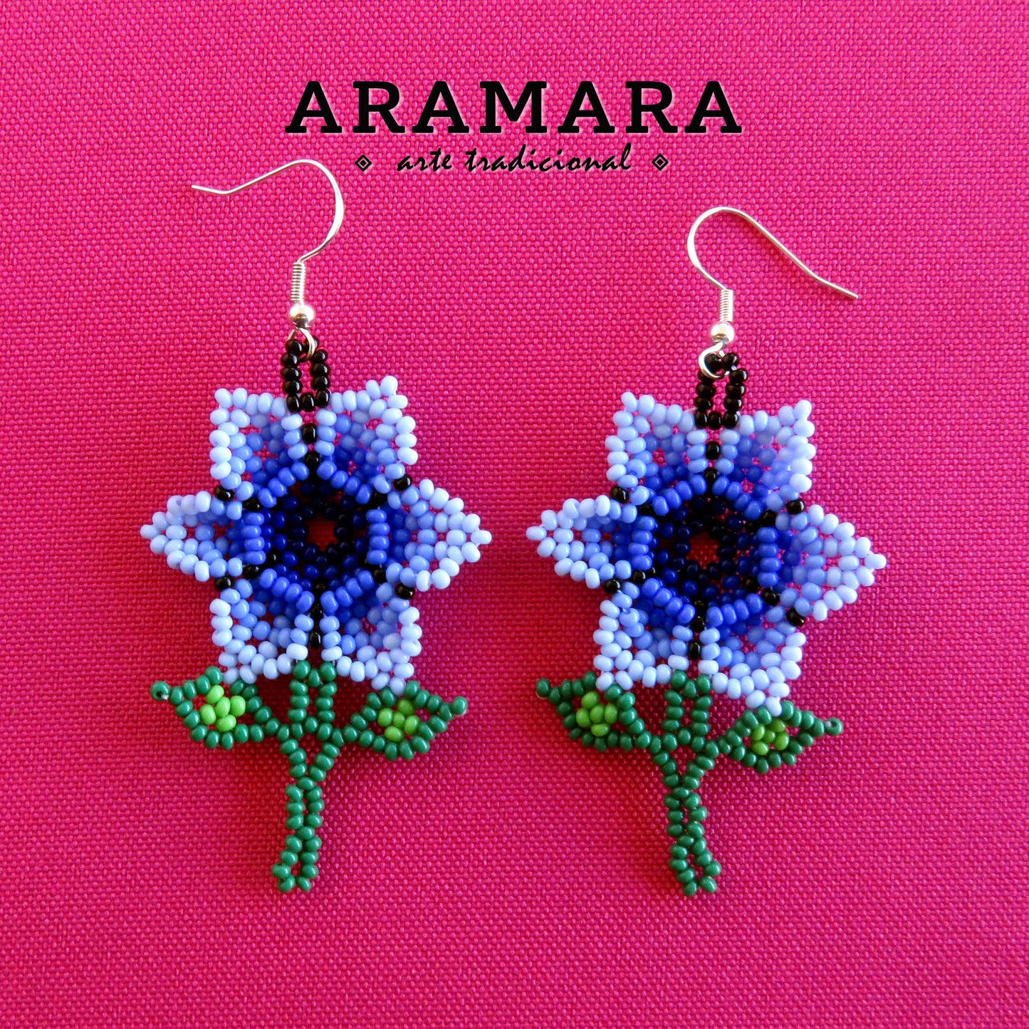 Blue Huichol Beaded Flower Earrings | AF-0927