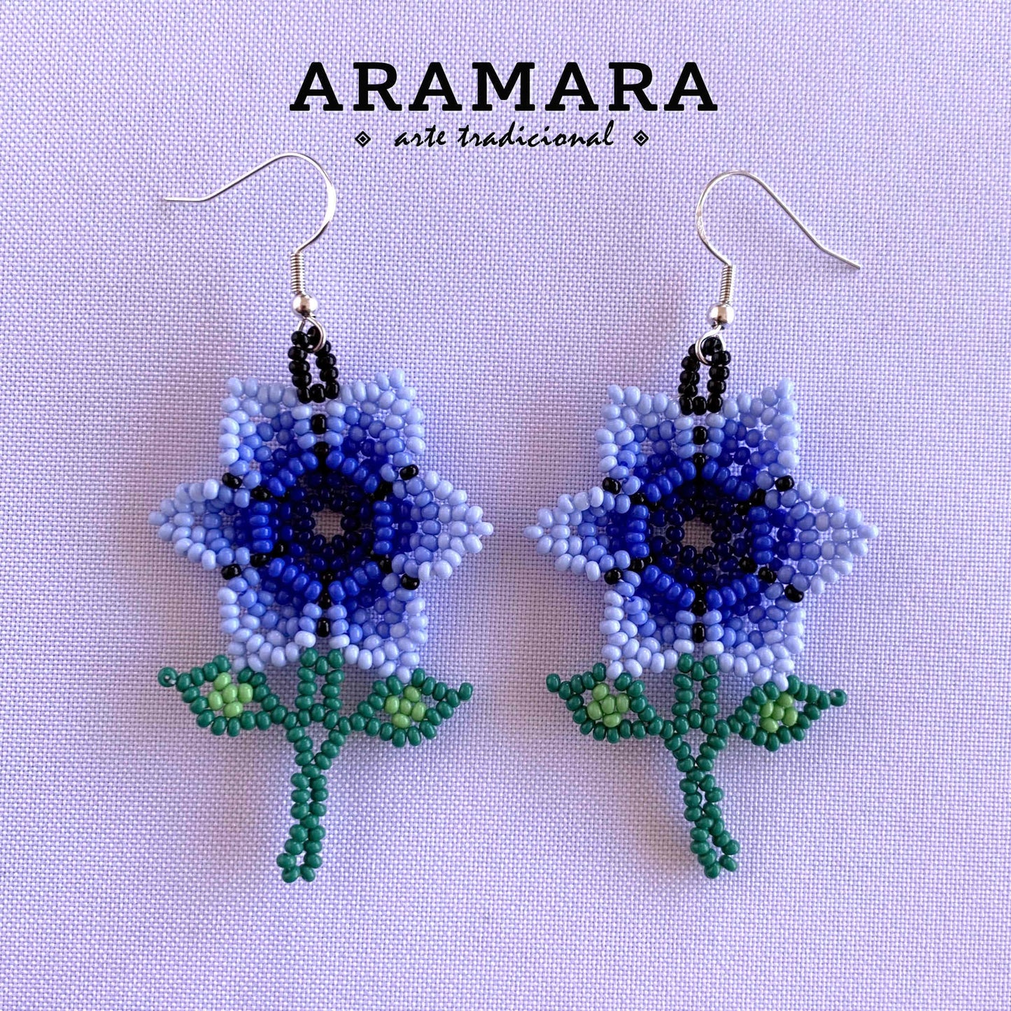 Blue Huichol Beaded Flower Earrings | AF-0927