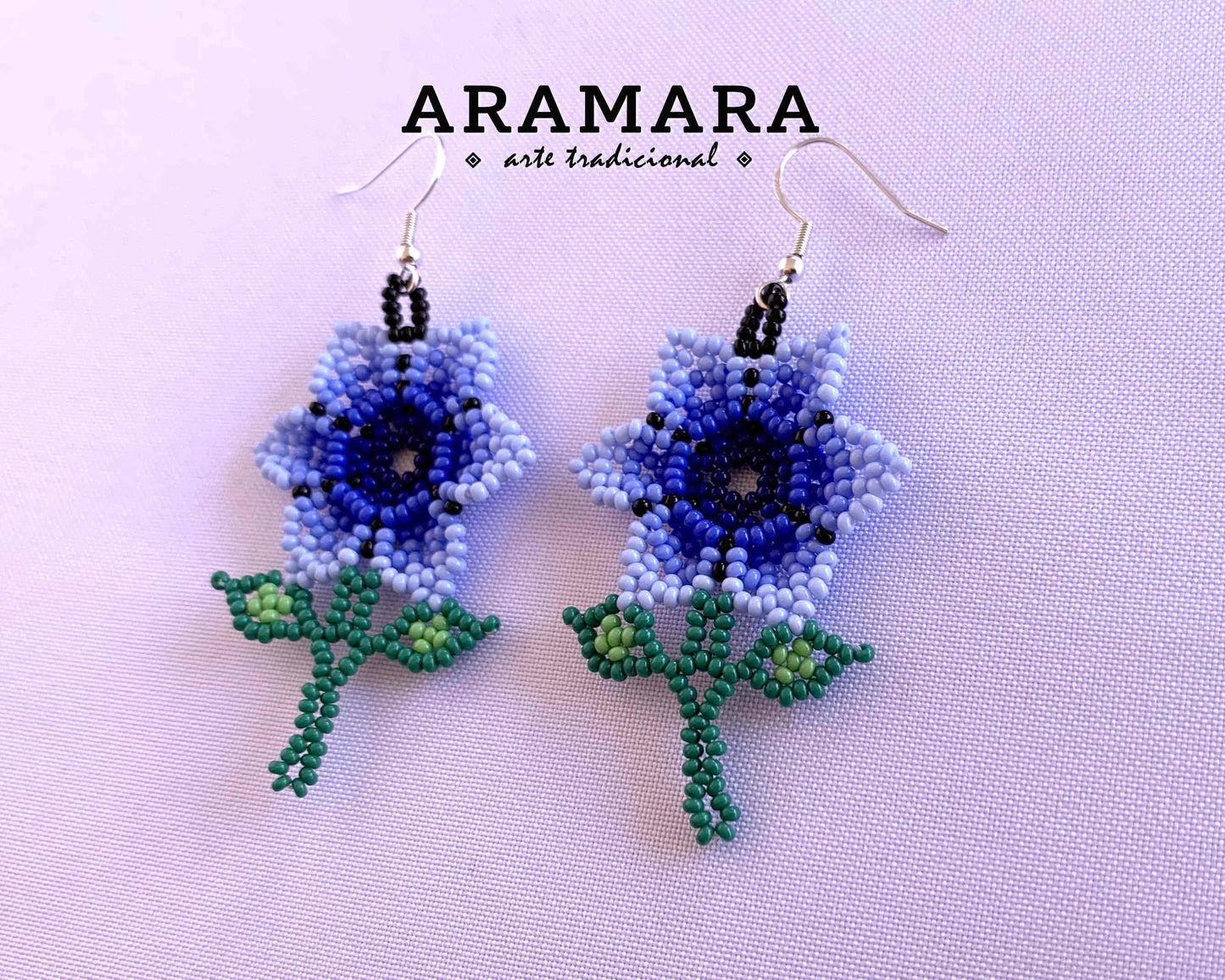 Blue Huichol Beaded Flower Earrings | AF-0927