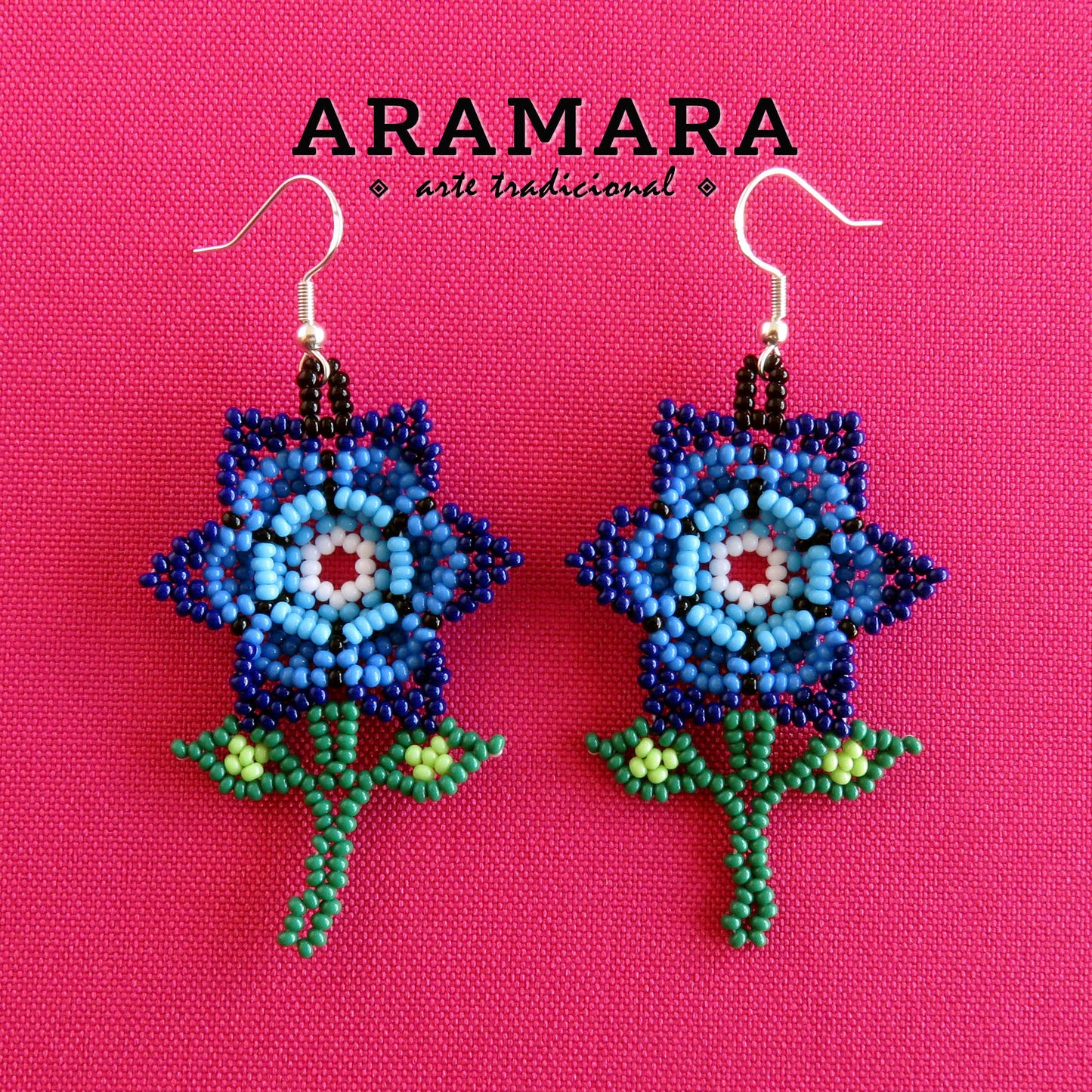 Blue Huichol Beaded Flower Earrings | AF-0929