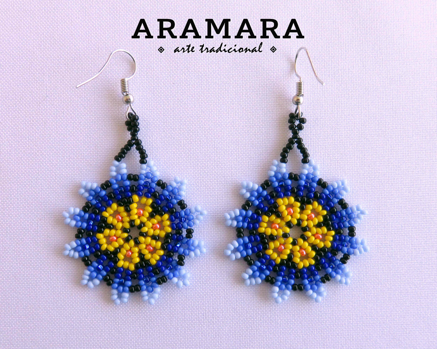 Blue and Yellow Huichol Beaded Flower Earrings | AF-0896