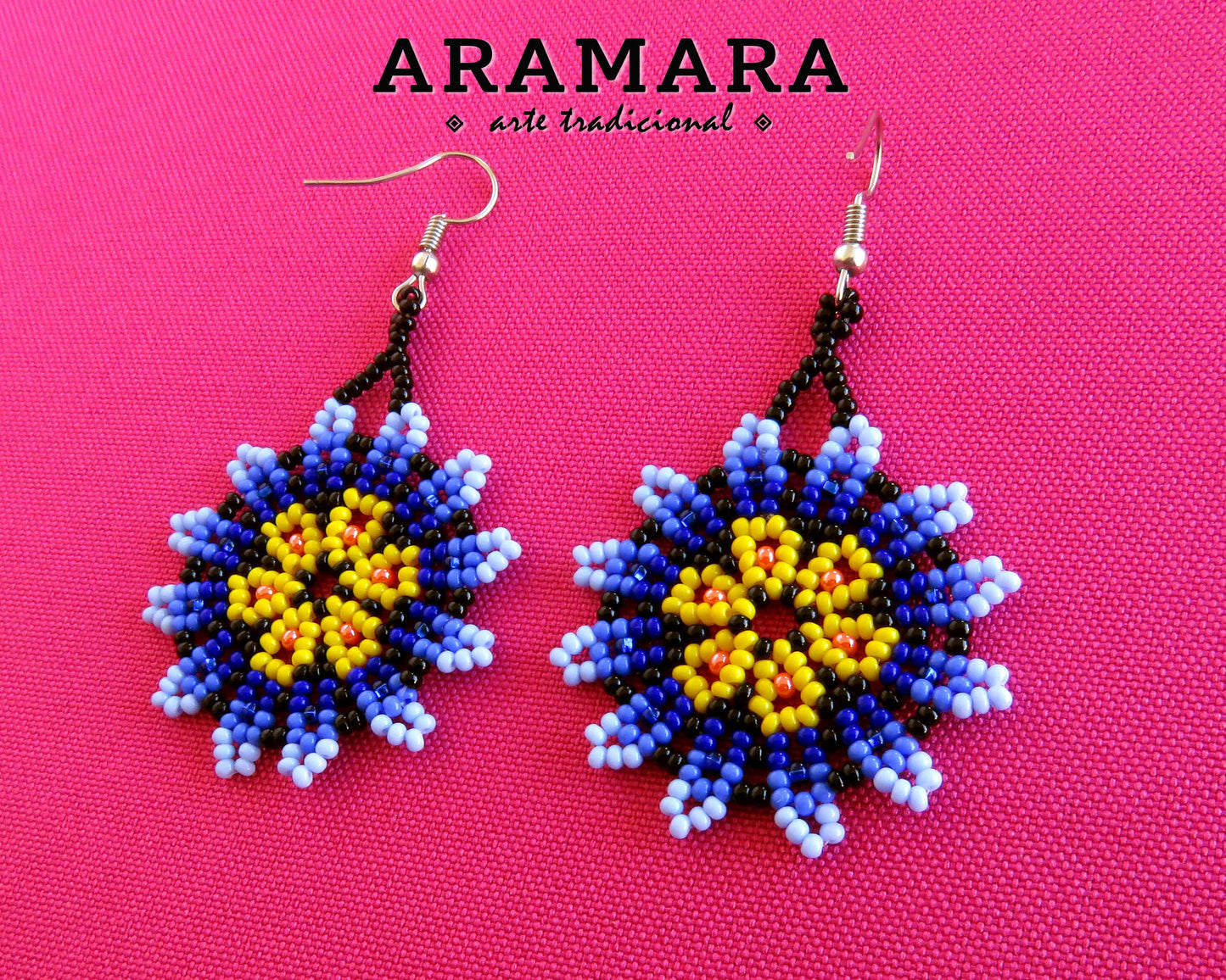 Blue and Yellow Huichol Beaded Flower Earrings | AF-0896