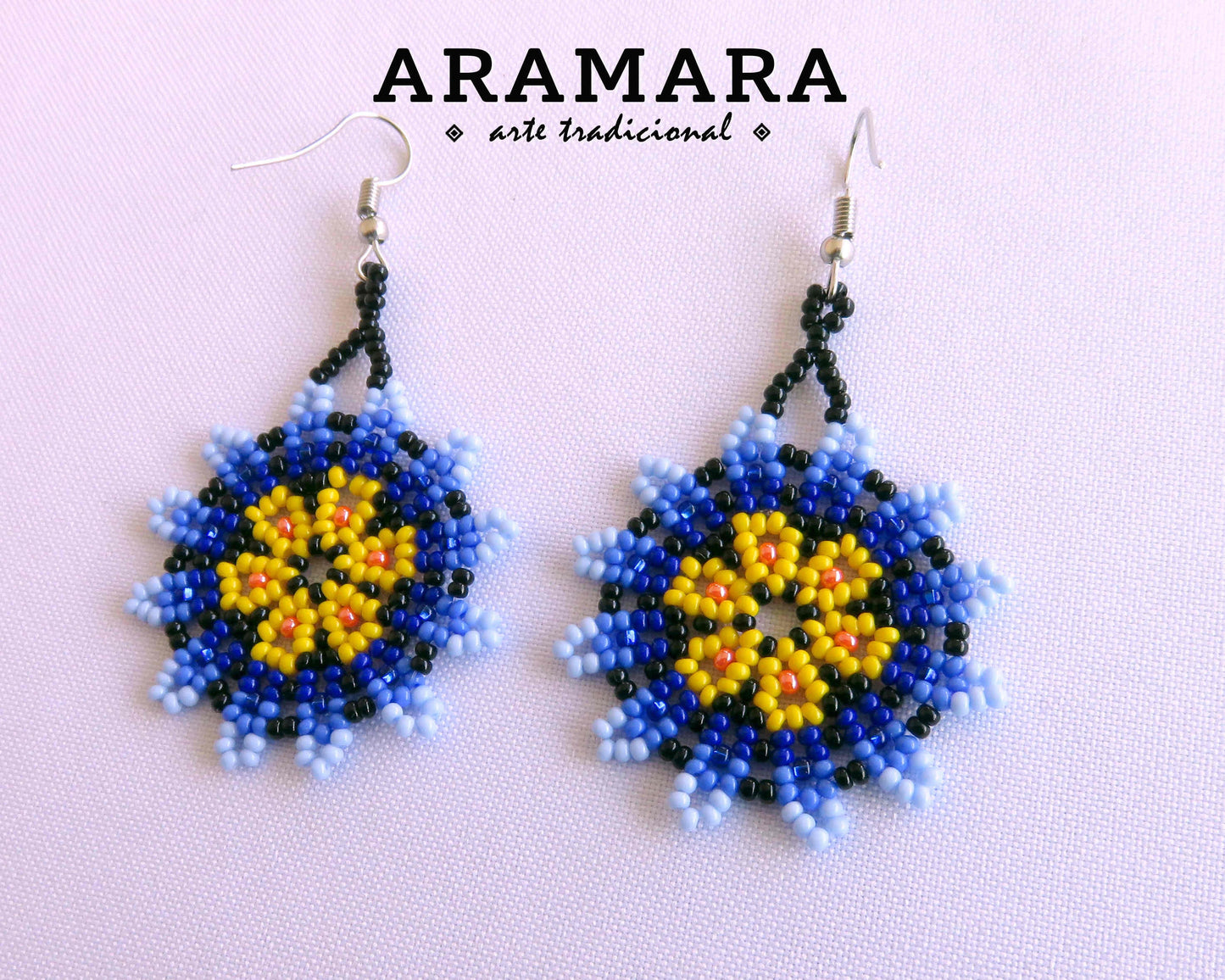 Blue and Yellow Huichol Beaded Flower Earrings | AF-0896