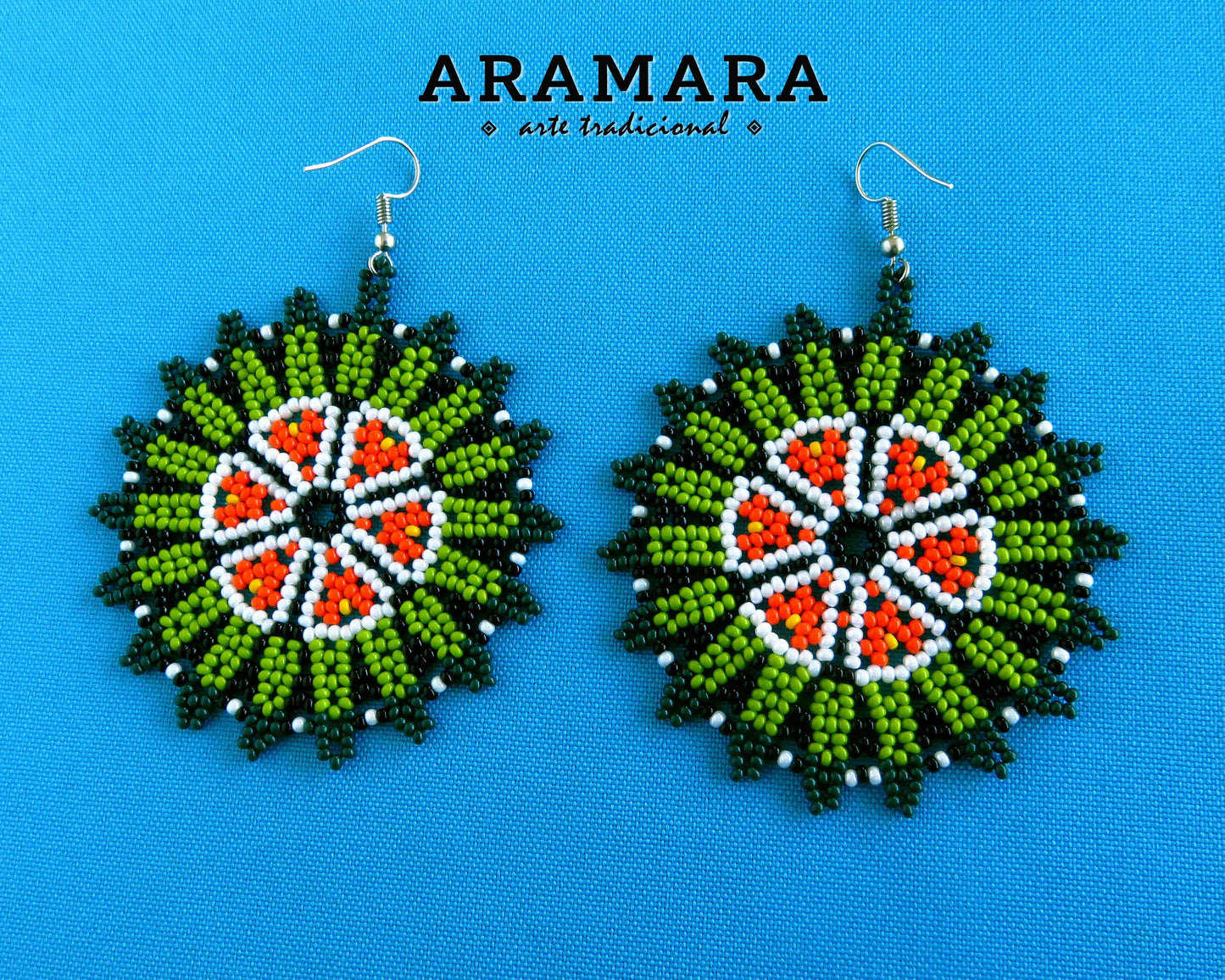 Native american earrings, Mexican earrings, Mexican folk art, Flower Earrings, Mexican Jewelry, Huichol Earrings, Beaded Flower, AF-0898