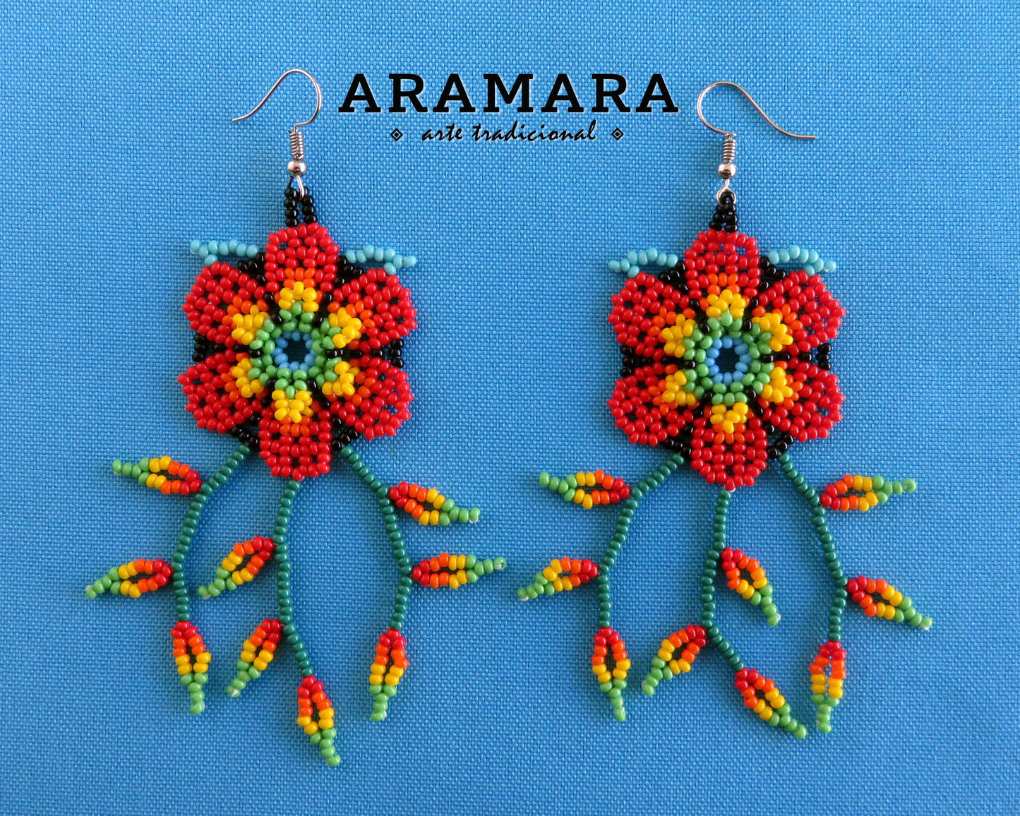 Red Huichol Beaded Flower Earrings | AF-0883