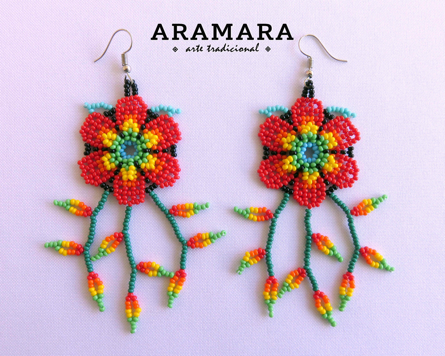 Red Huichol Beaded Flower Earrings | AF-0883