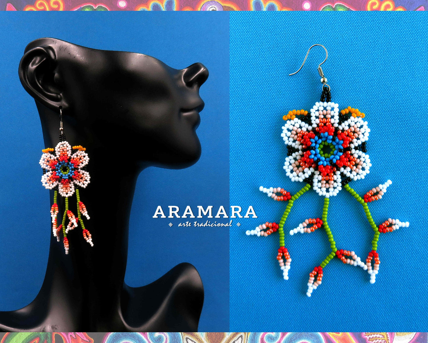 White and Red Huichol Beaded Flower Earrings | AF-0900