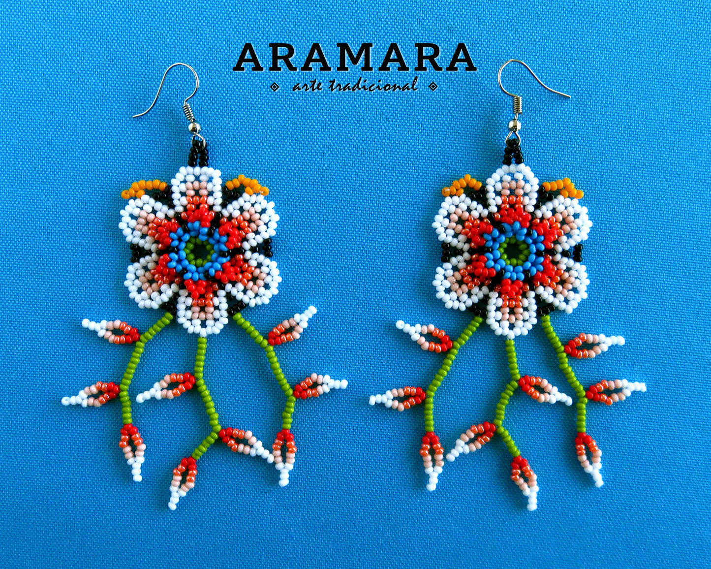 White and Red Huichol Beaded Flower Earrings | AF-0900