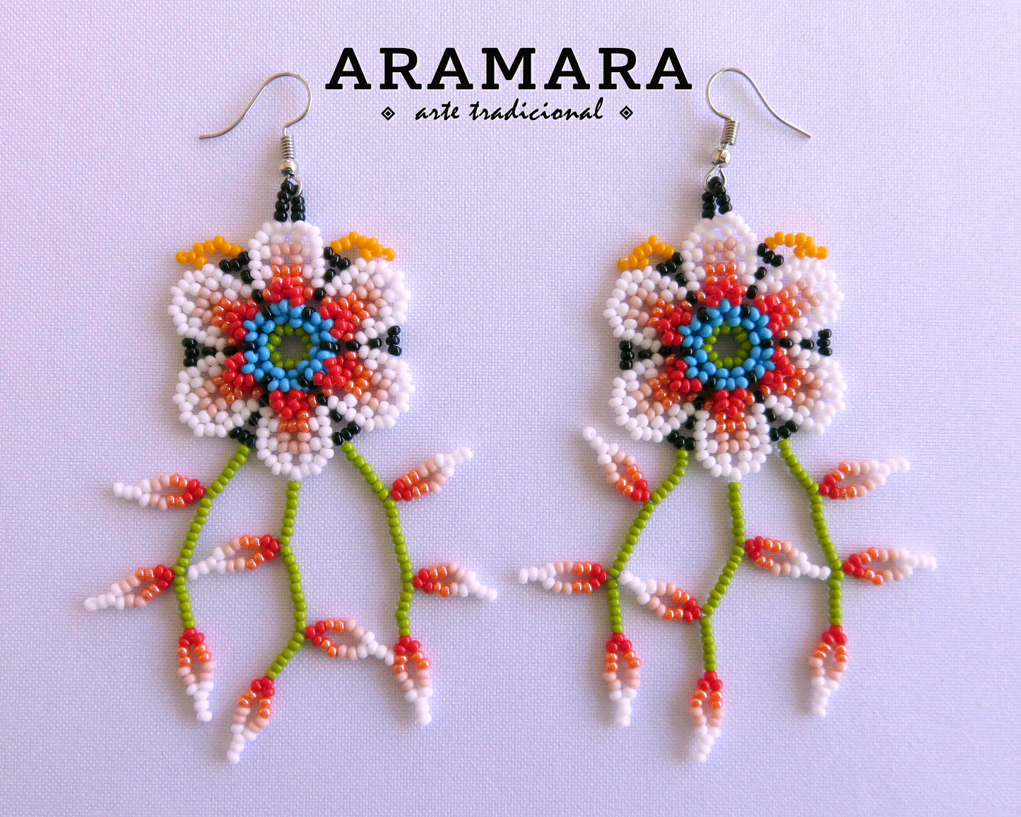 White and Red Huichol Beaded Flower Earrings | AF-0900