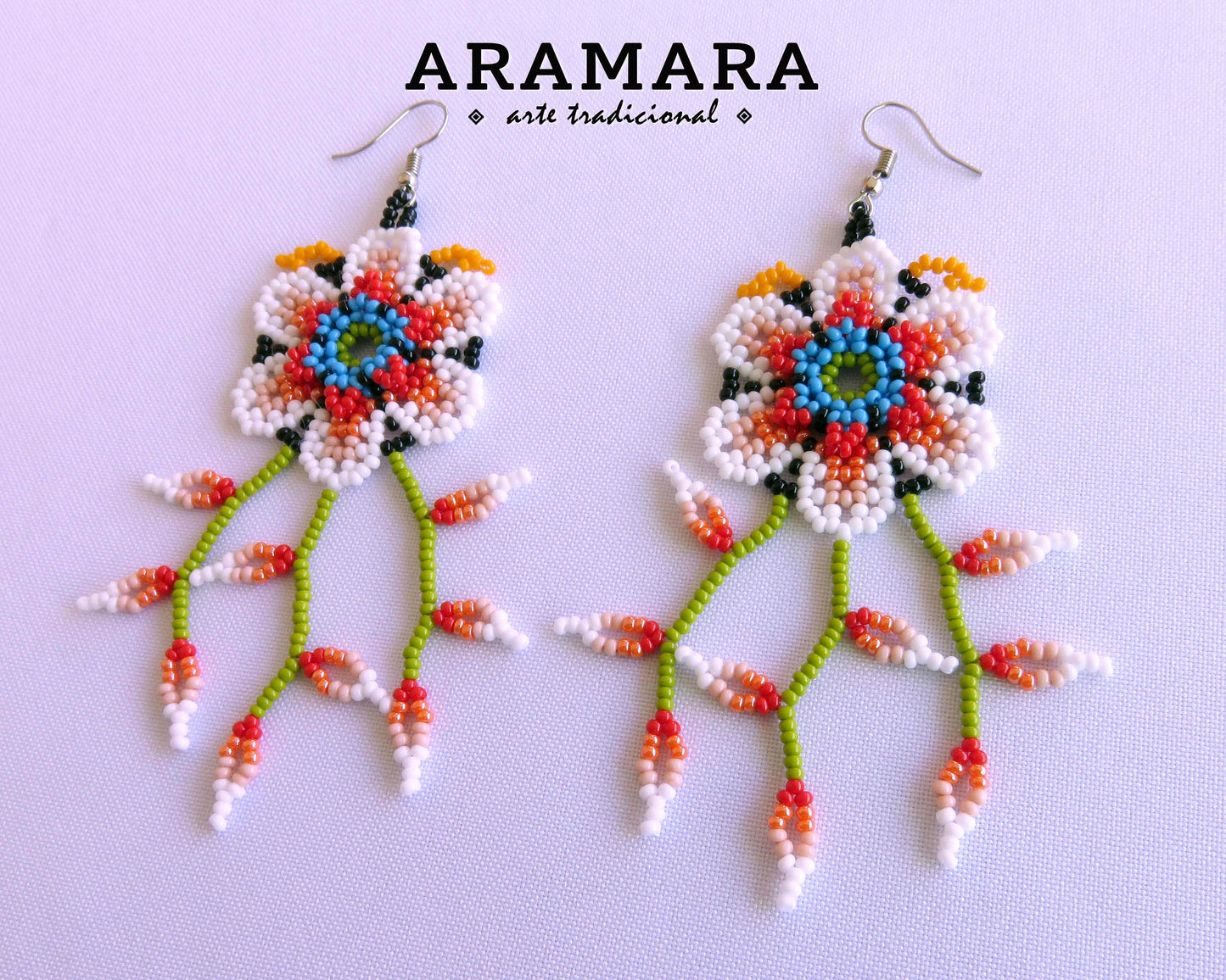 White and Red Huichol Beaded Flower Earrings | AF-0900