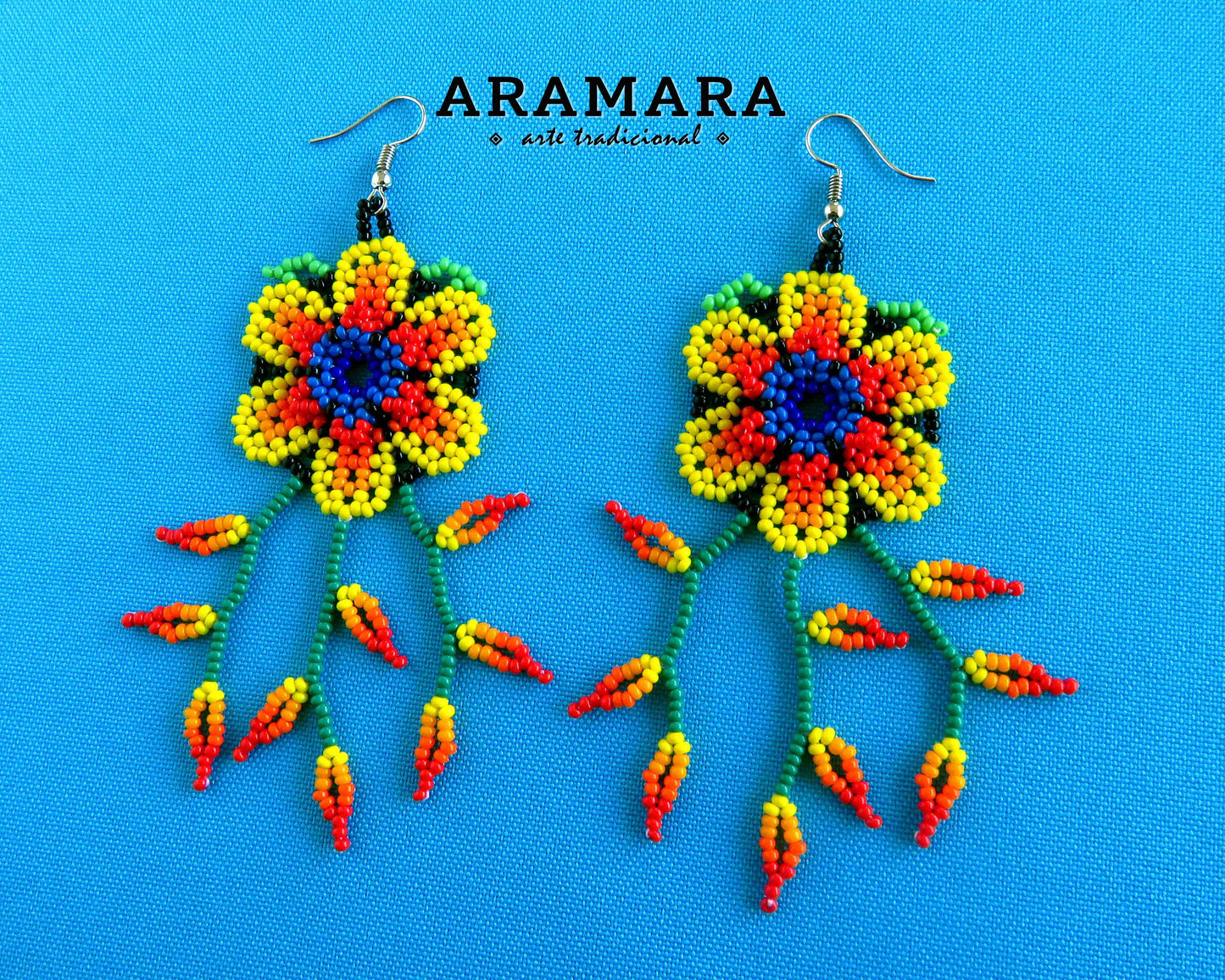 Yellow Huichol Beaded Flower Earrings | AF-0901