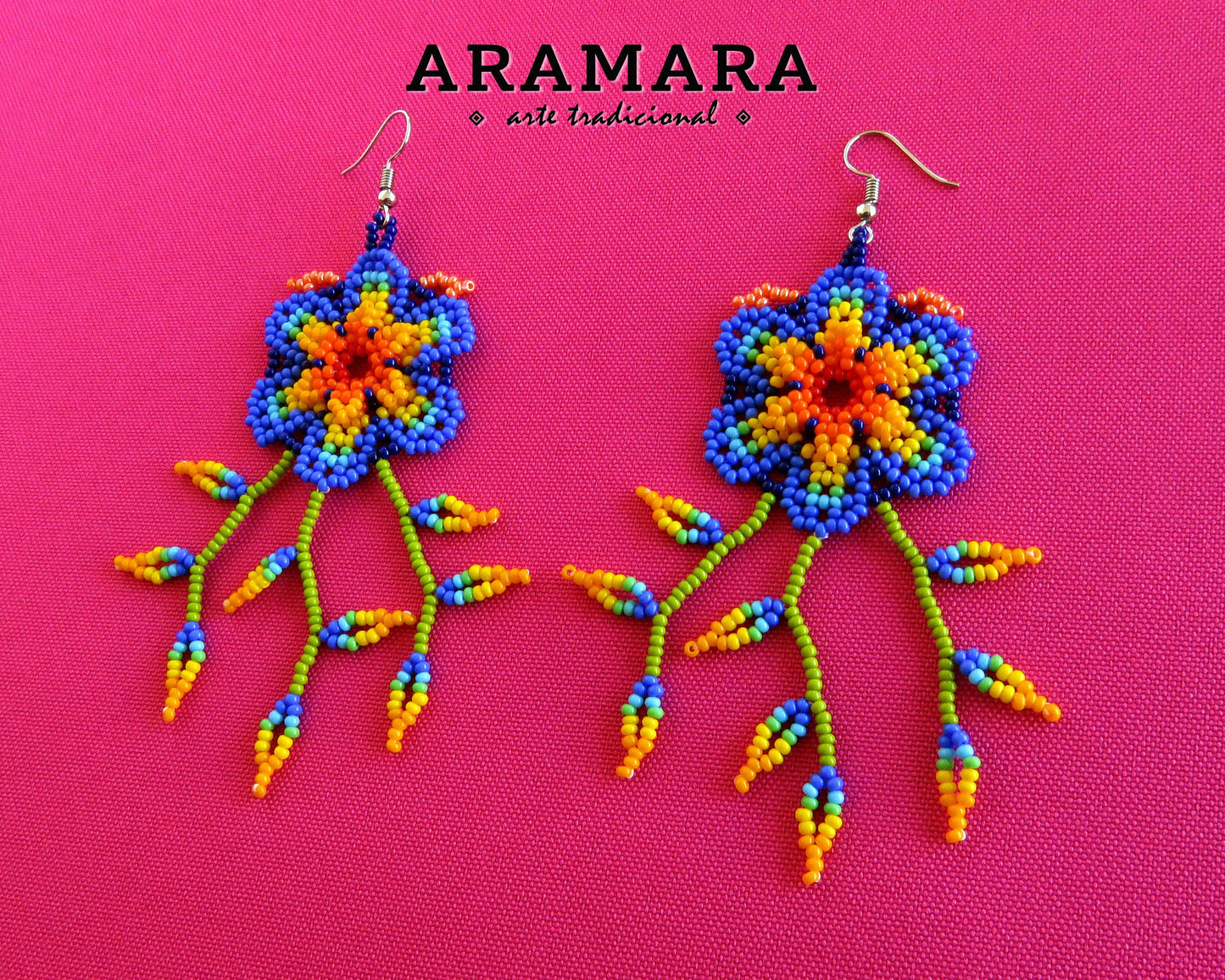 Blue and Yellow Huichol Beaded Flower Earrings | AF-0902