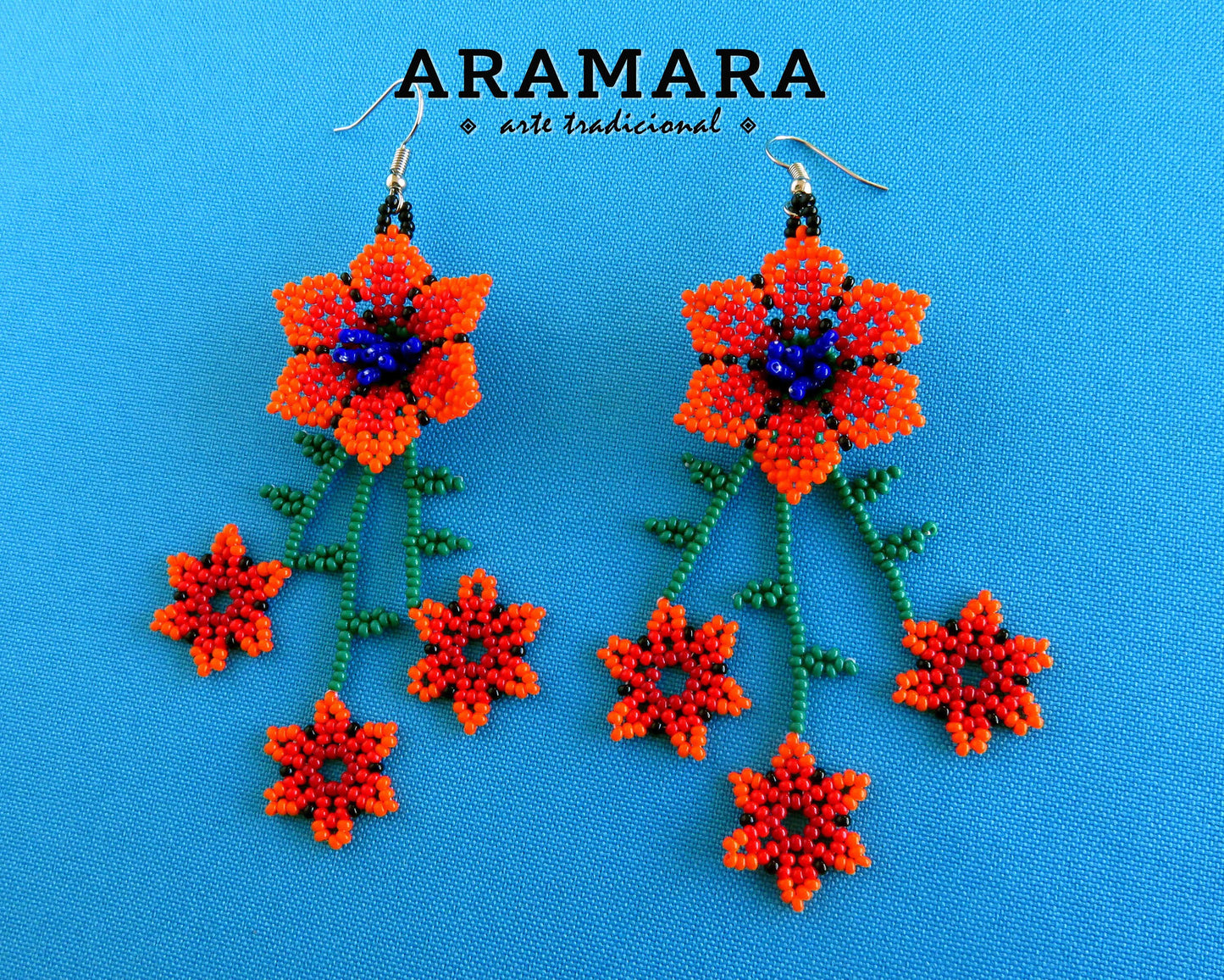 Native american earrings, Huichol Earrings, Mexican Jewelry, Mexican earrings, Mexican folk art, Flower Earrings, Beaded Flower, AF-0904