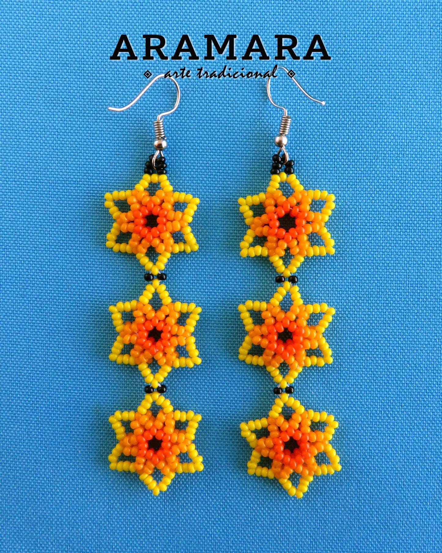 Yellow and Orange Huichol Beaded Flower Earrings | AF-0909