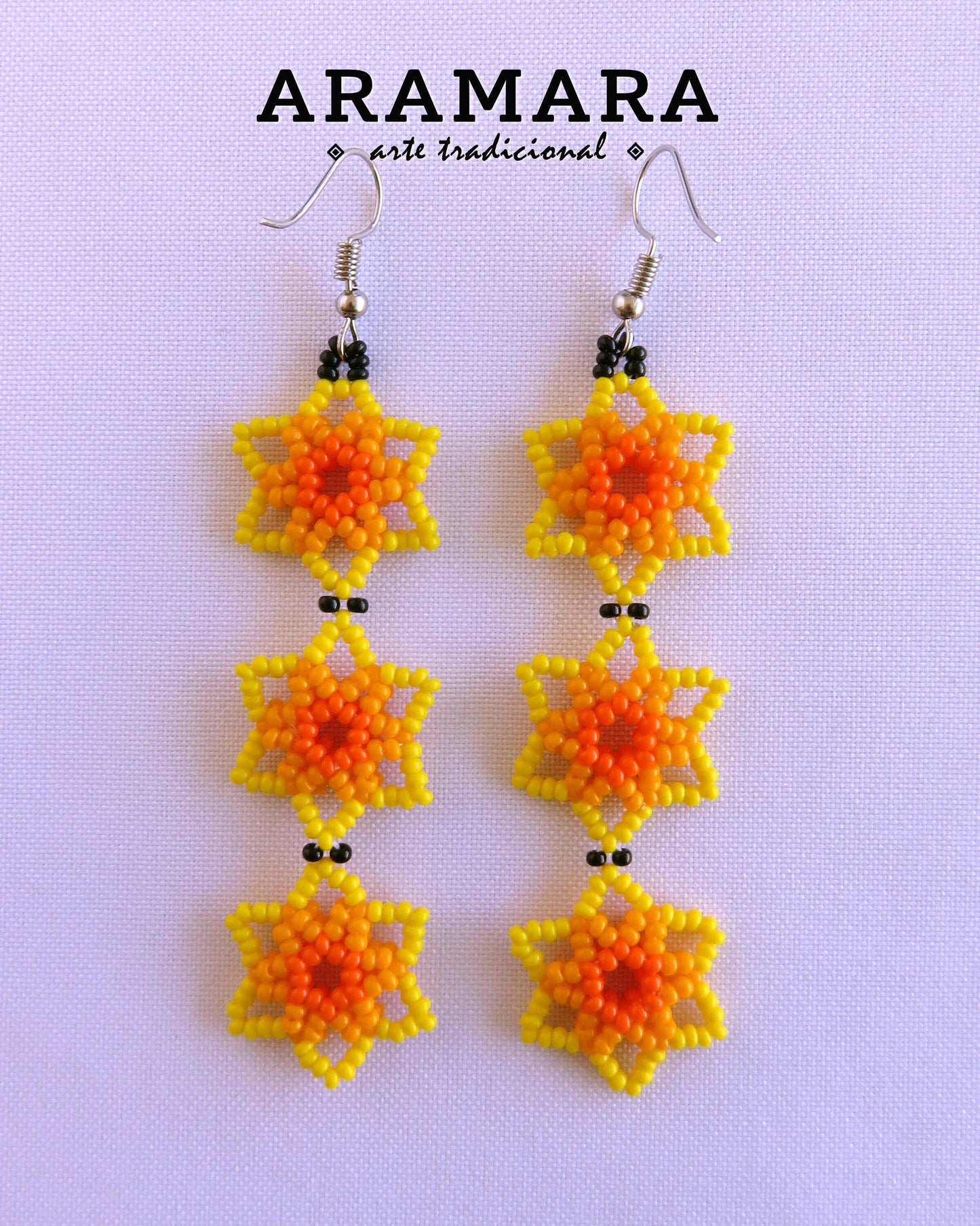 Yellow and Orange Huichol Beaded Flower Earrings | AF-0909